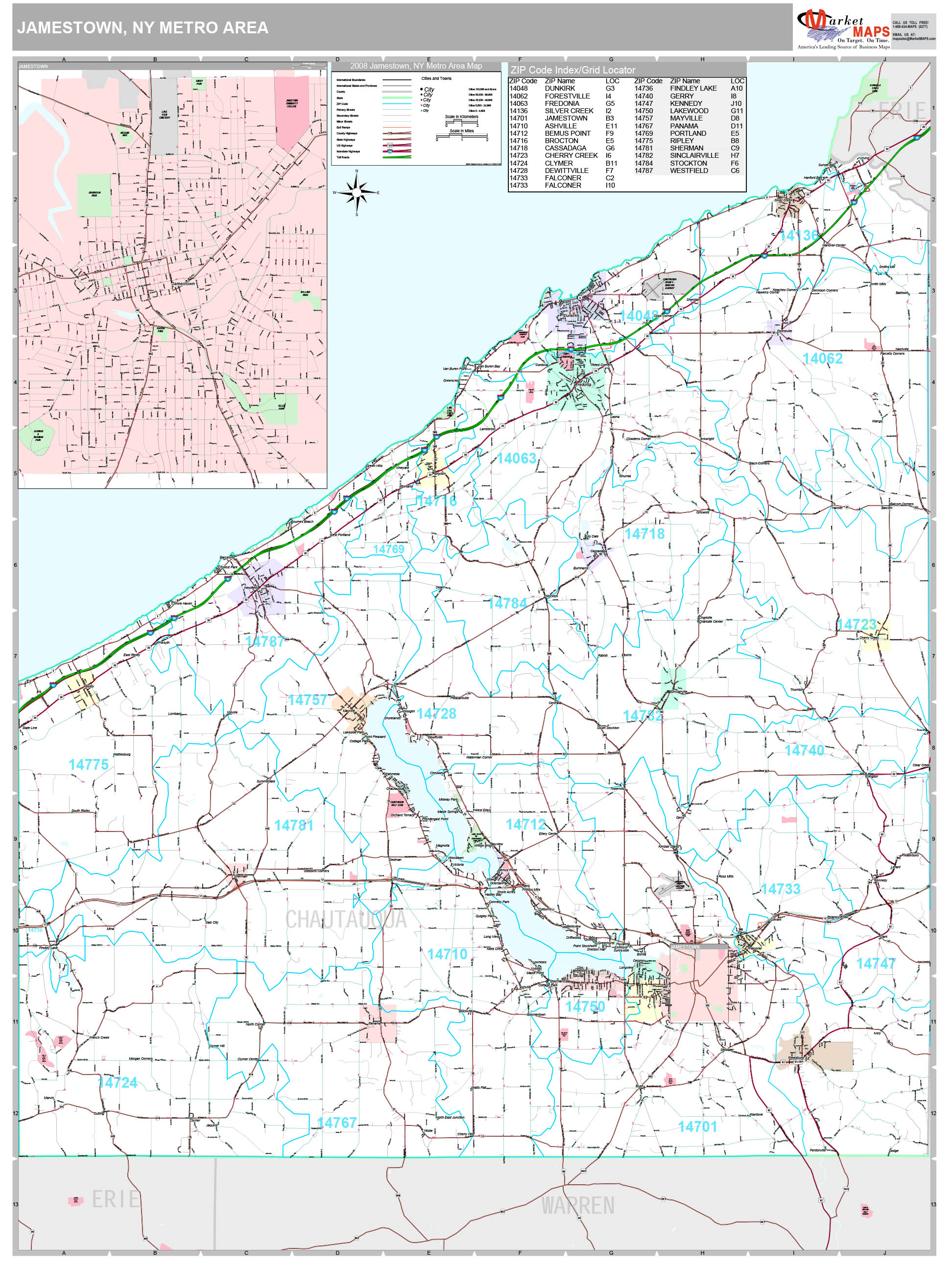 Jamestown, NY Metro Area Wall Map Premium Style by MarketMAPS MapSales