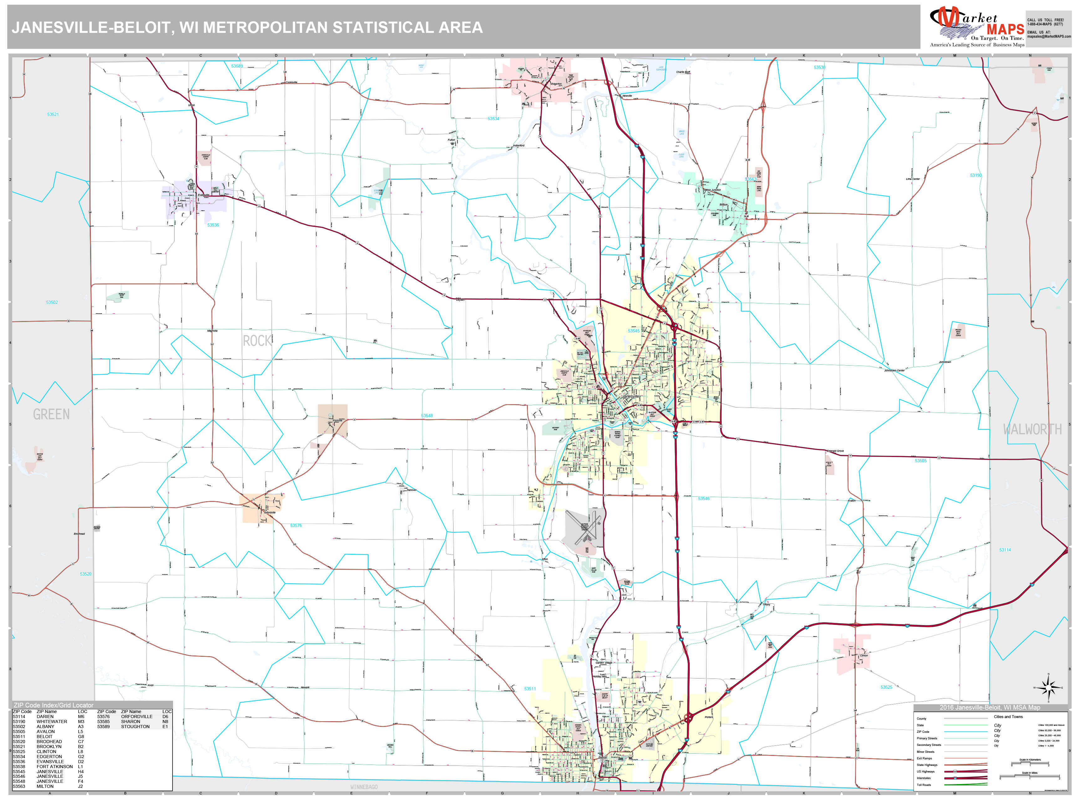 JanesvilleBeloit, WI Metro Area Wall Map Premium Style by MarketMAPS