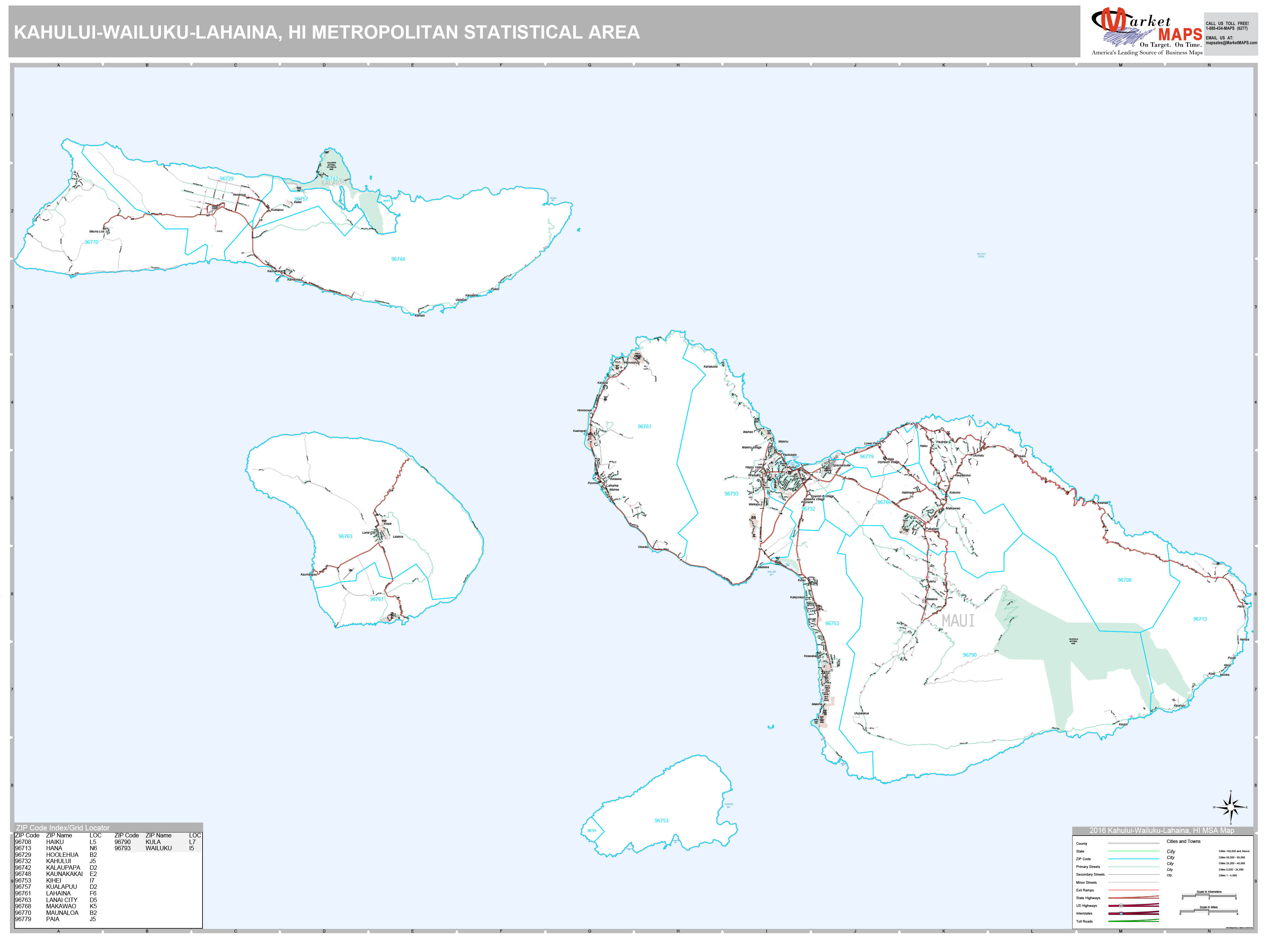 KahuluiWailukuLahaina, HI Metro Area Wall Map Premium Style by MarketMAPS
