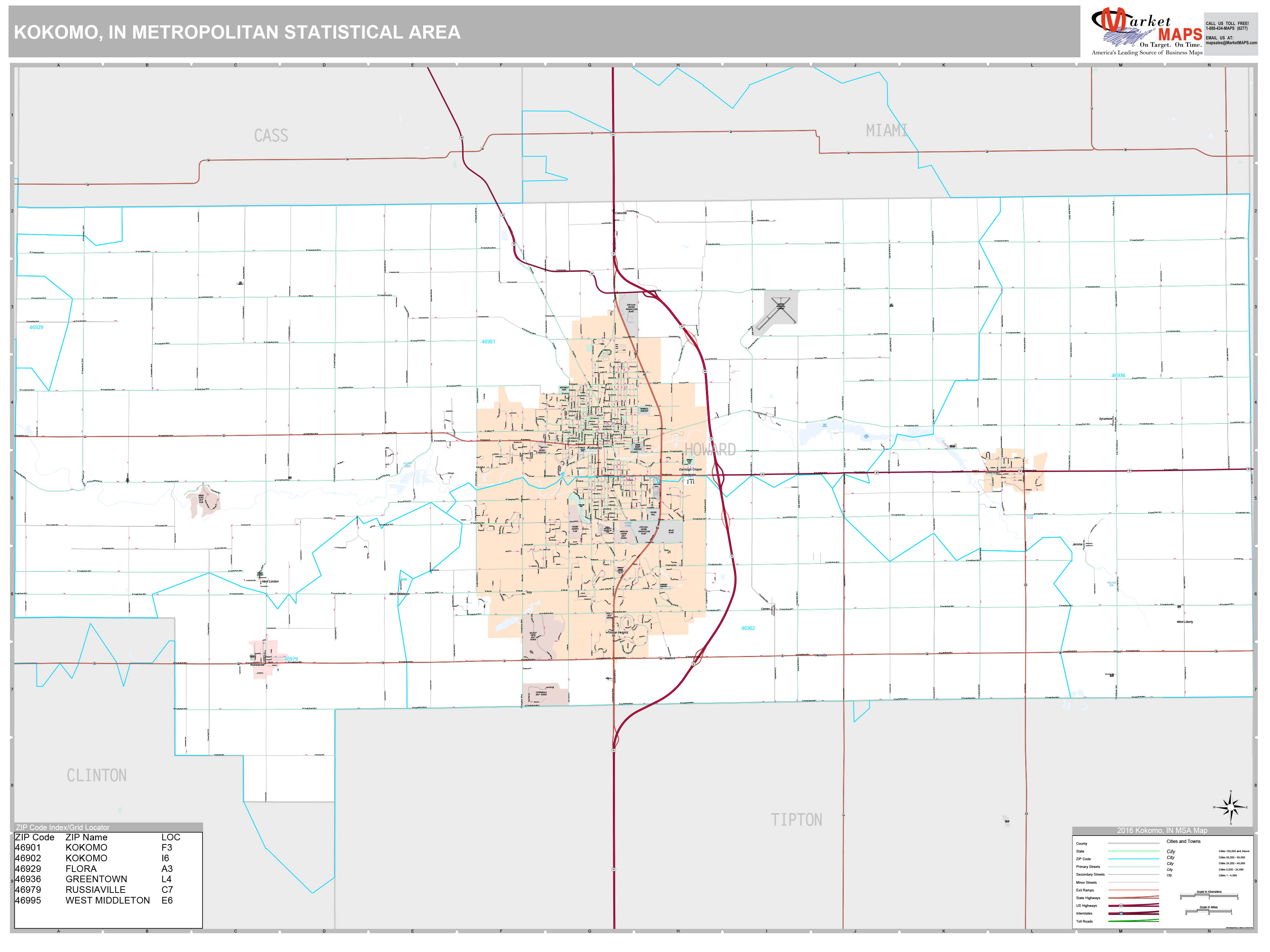 Kokomo, IN Metro Area Wall Map Premium Style by MarketMAPS