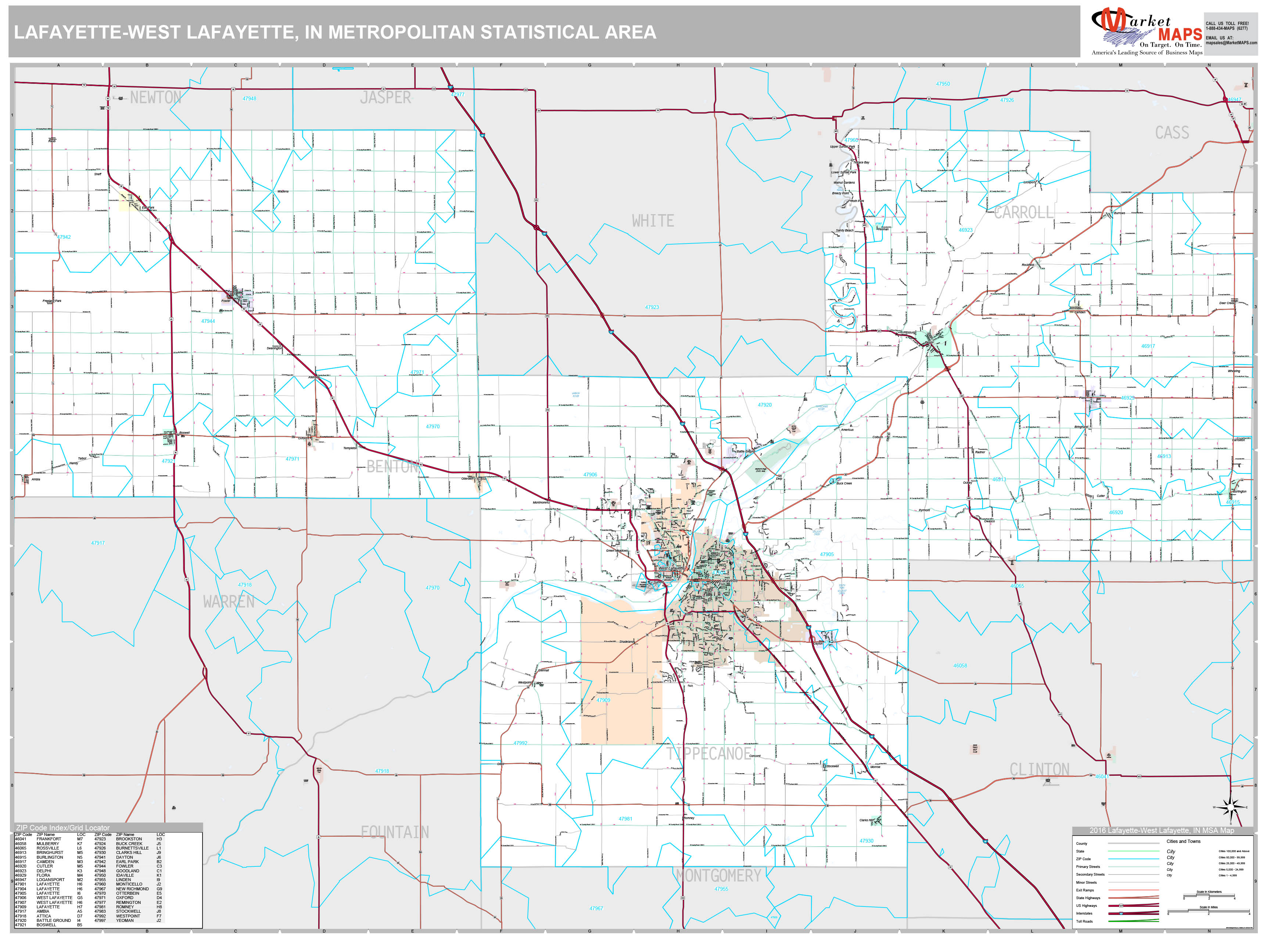 LafayetteWest Lafayette, IN Metro Area Wall Map Premium Style by