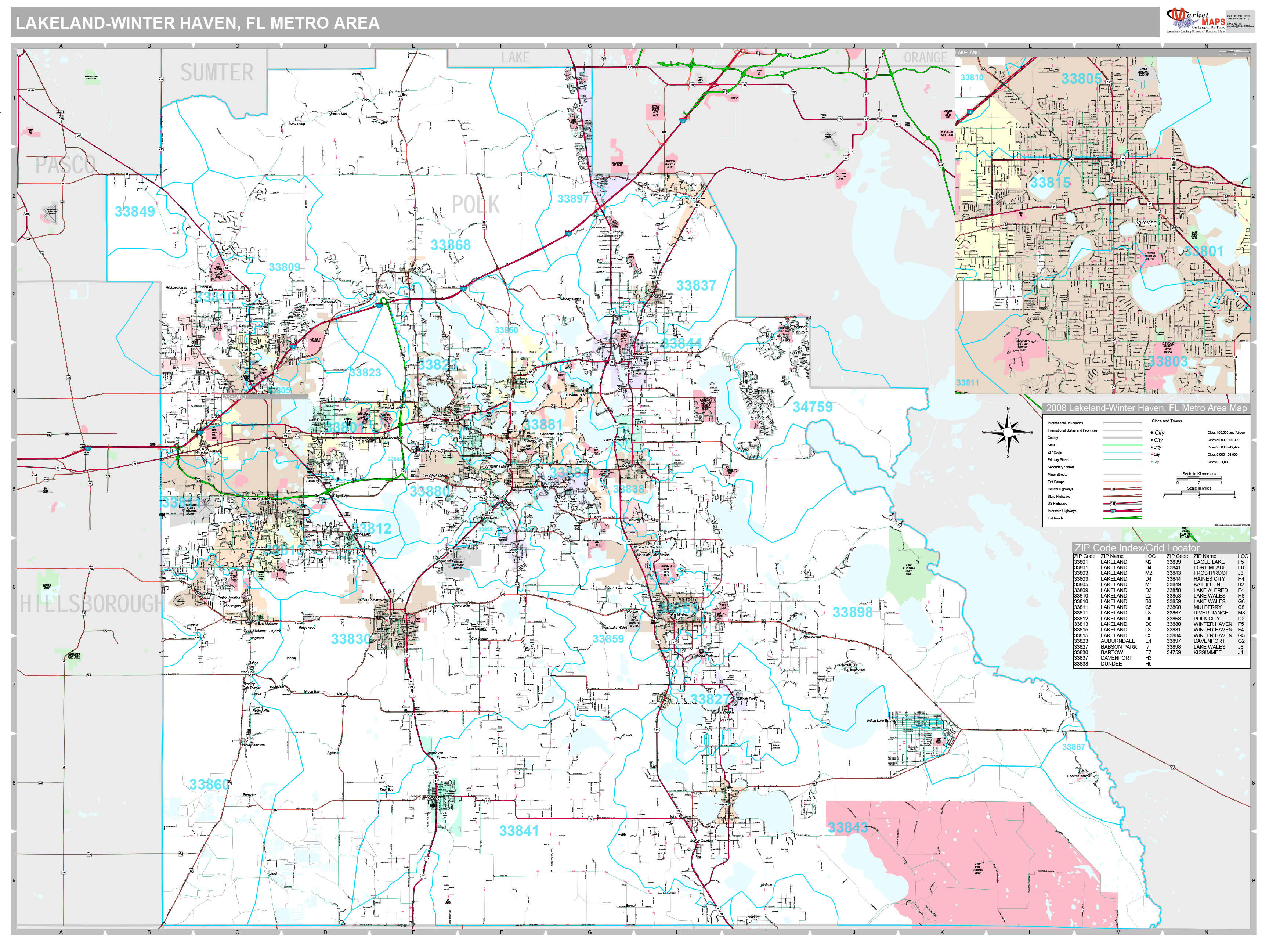 LakelandWinter Haven, FL Metro Area Wall Map Premium Style by MarketMAPS