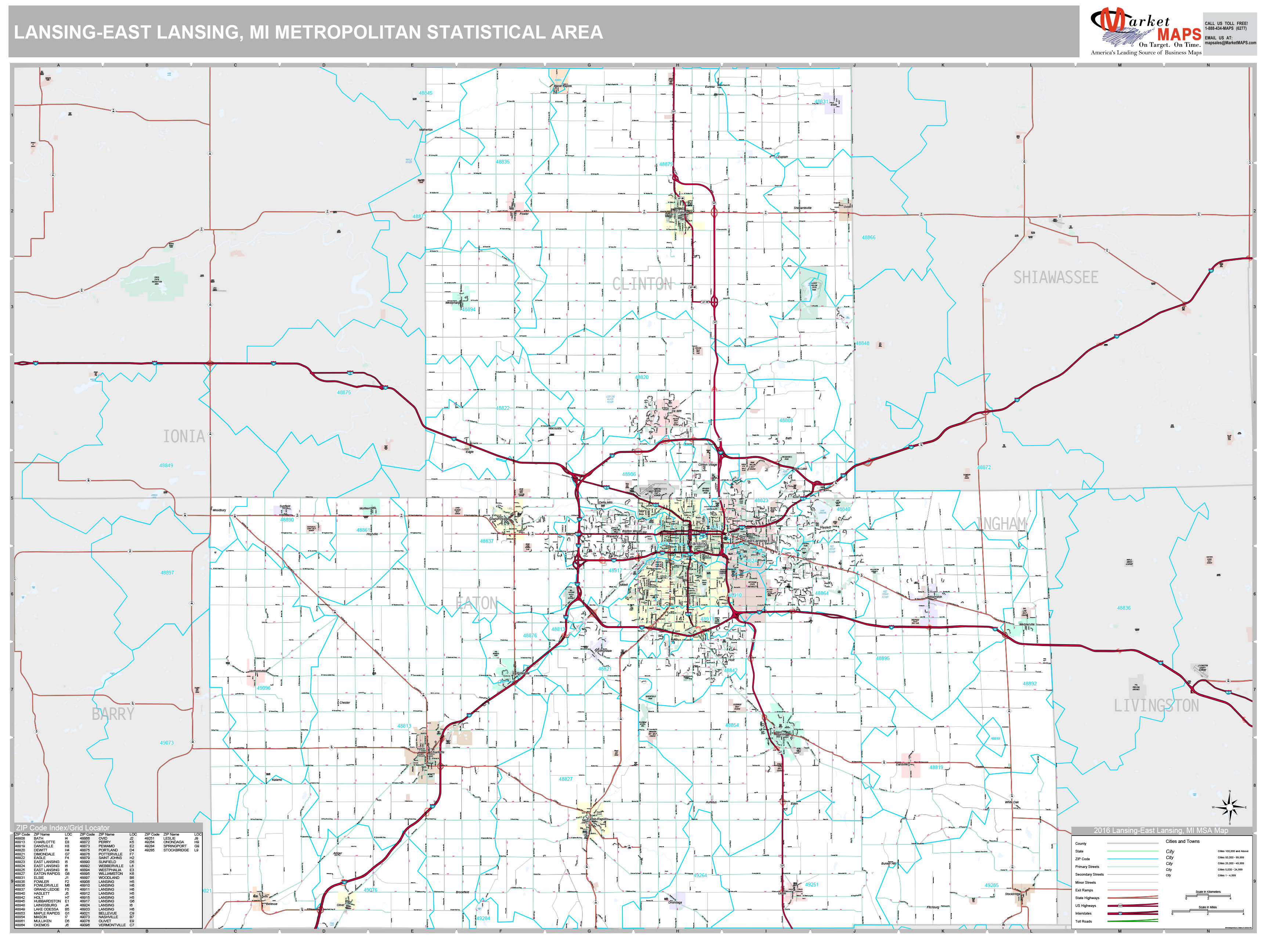 Lansing-East Lansing, MI Metro Area Wall Map Premium Style by MarketMAPS