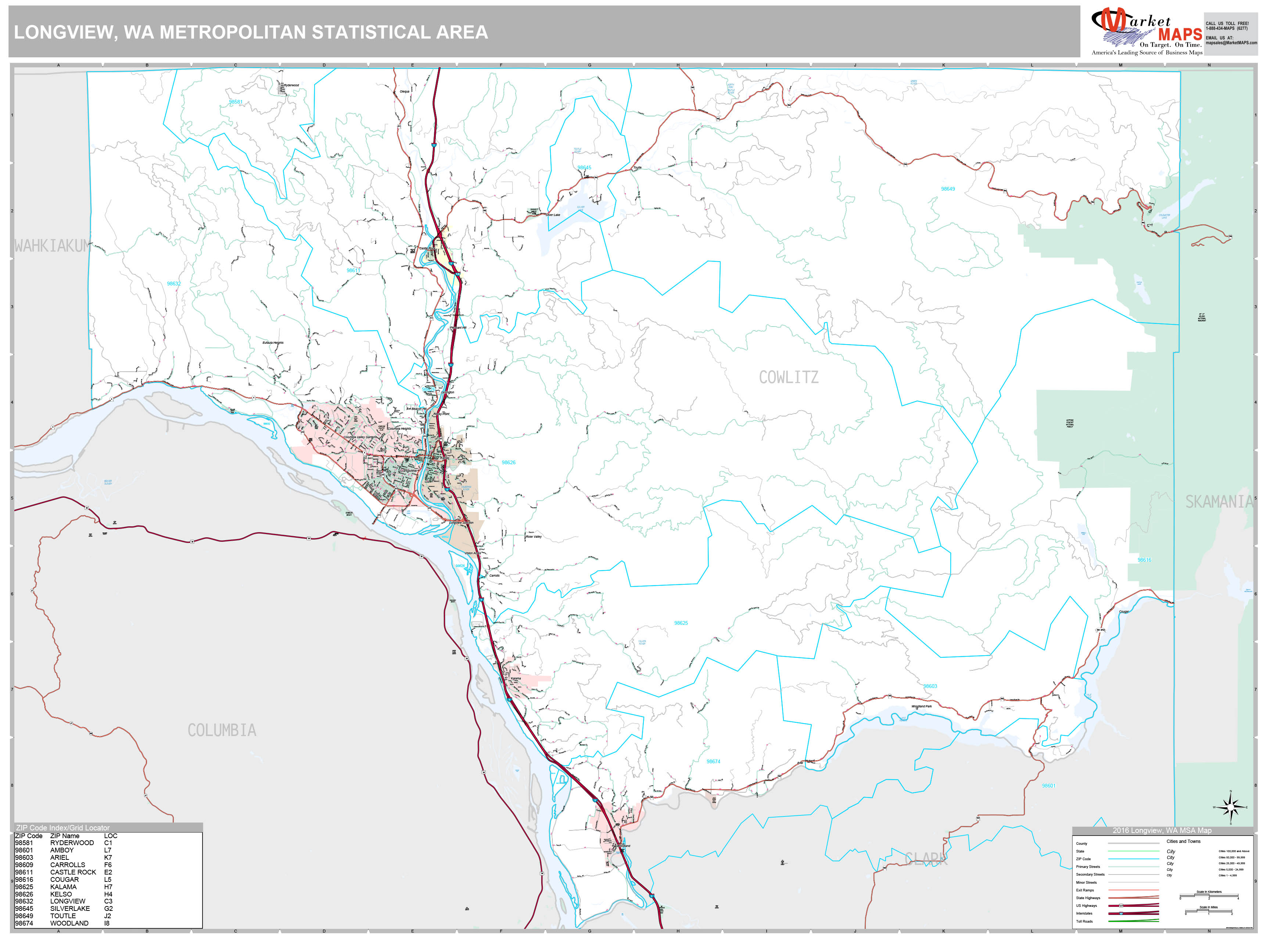 Longview, WA Metro Area Wall Map Premium Style by MarketMAPS