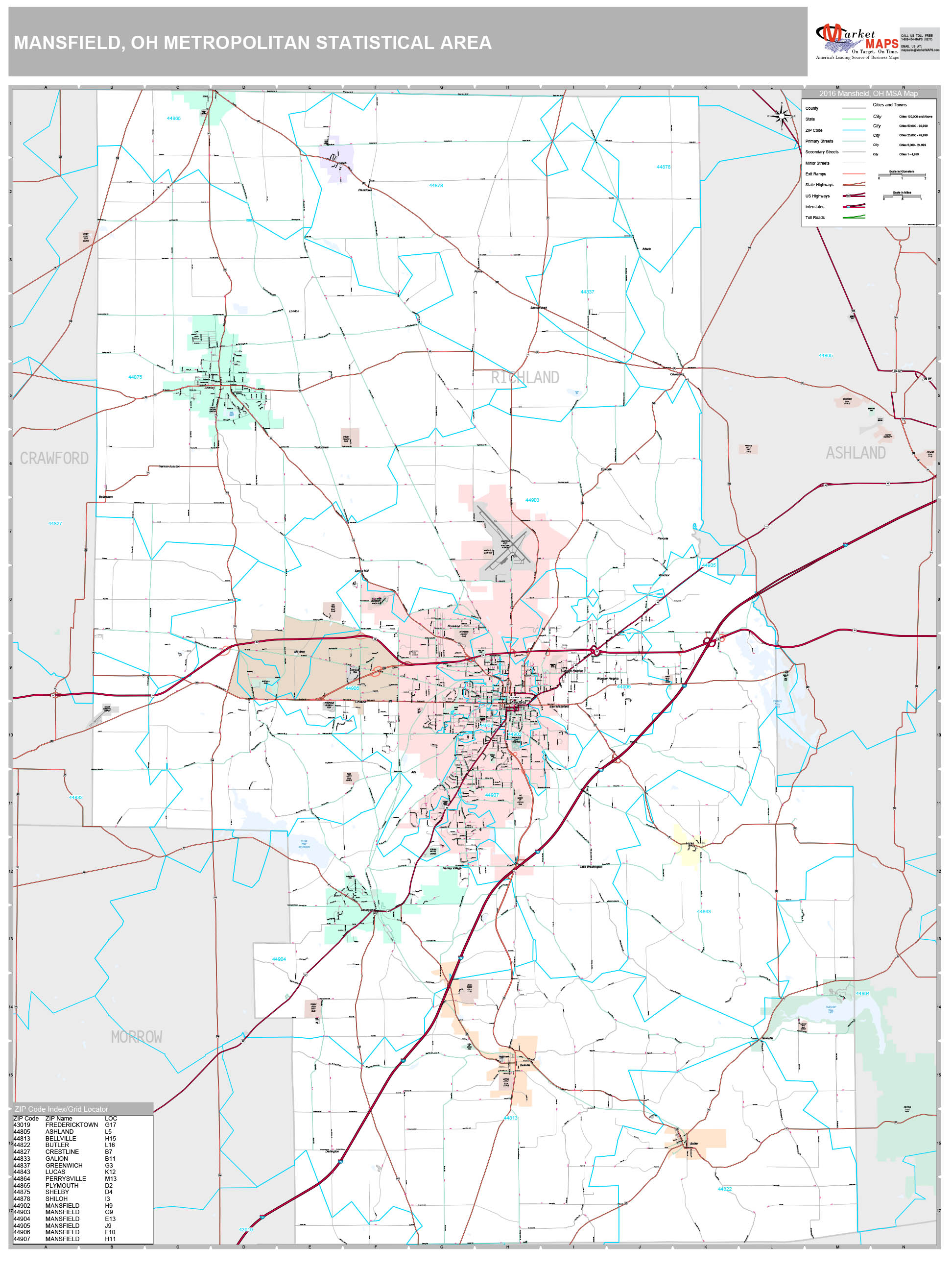 Mansfield, OH Metro Area Wall Map Premium Style by MarketMAPS