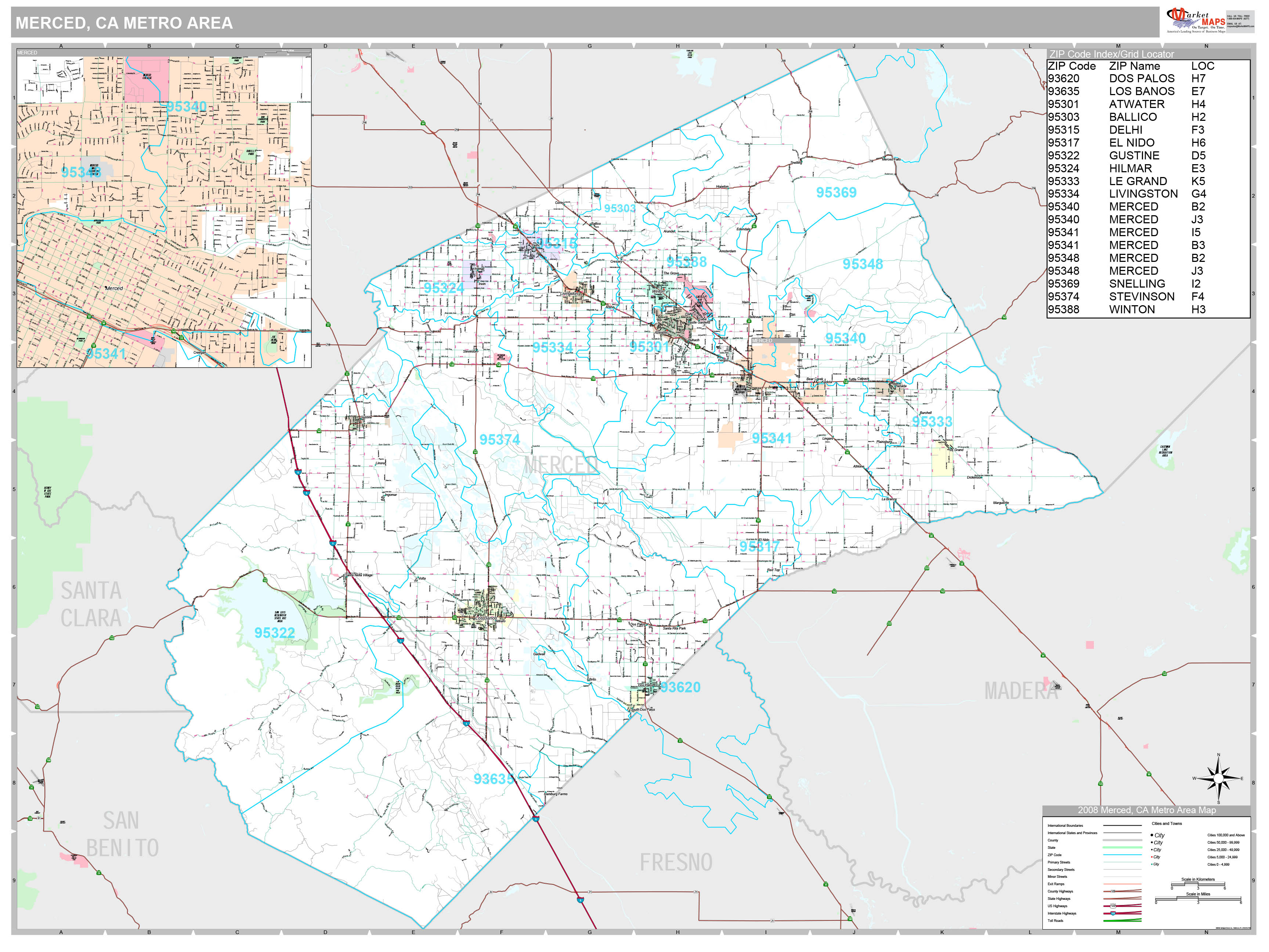 Merced, CA Metro Area Wall Map Premium Style by MarketMAPS