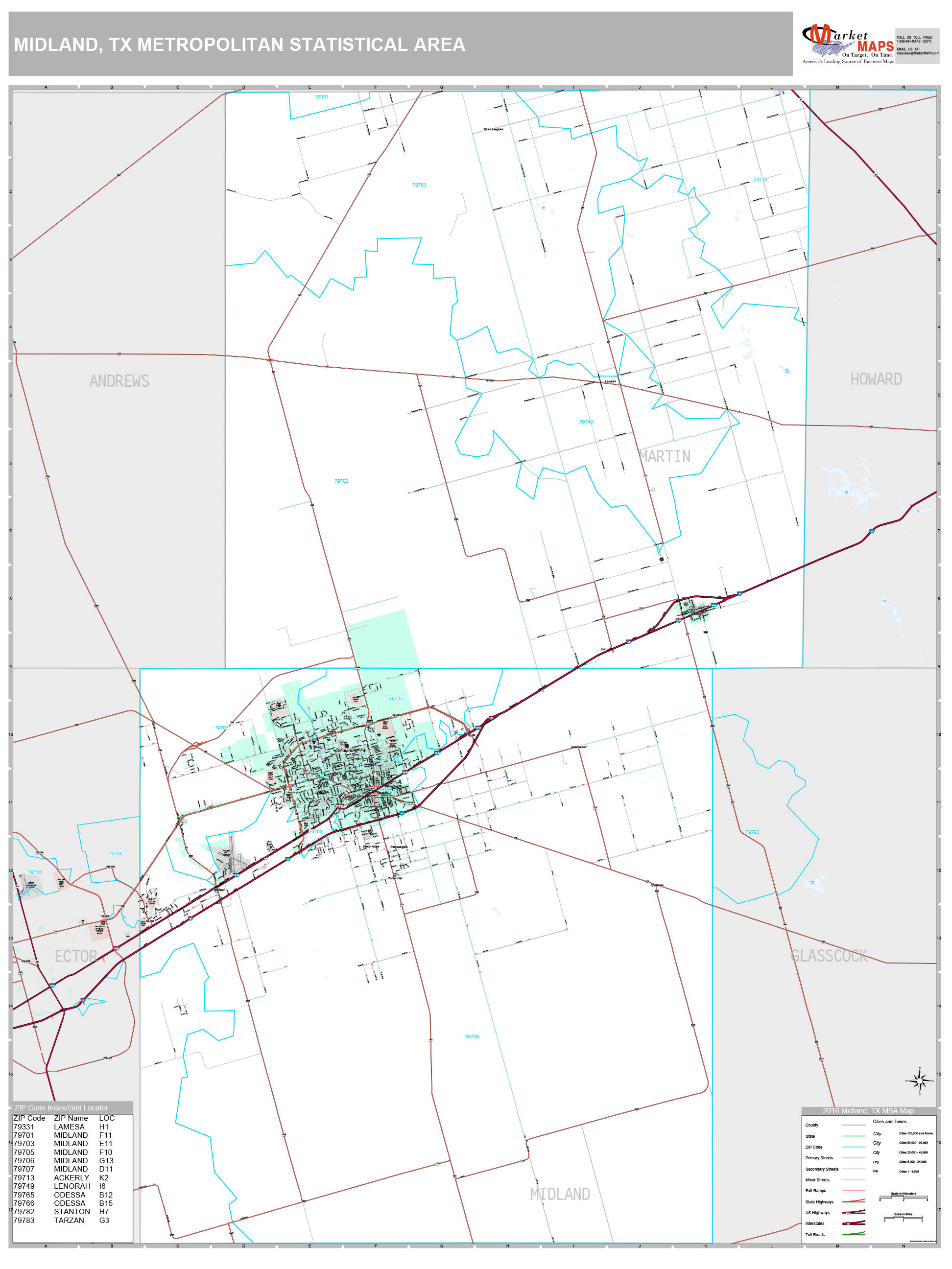 Midland, TX Metro Area Wall Map Premium Style by MarketMAPS MapSales
