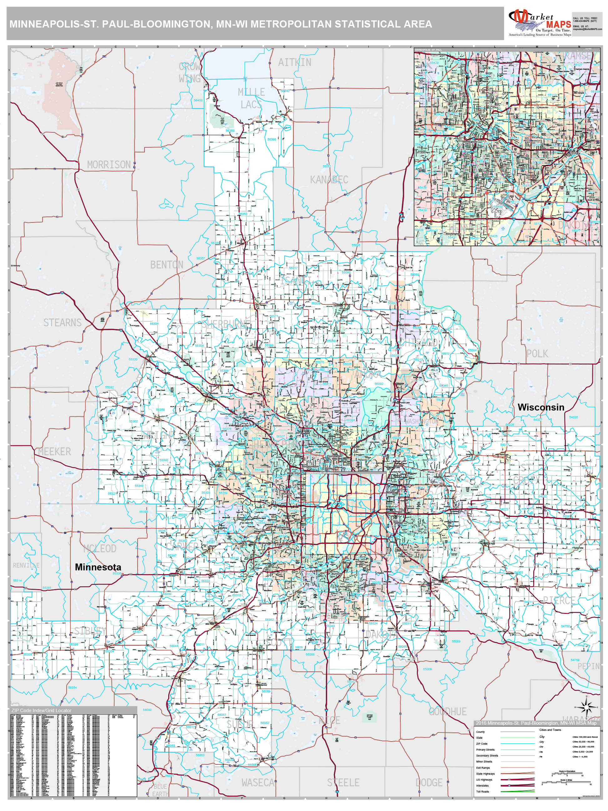 MinneapolisSt. PaulBloomington, MN Metro Area Wall Map Premium Style