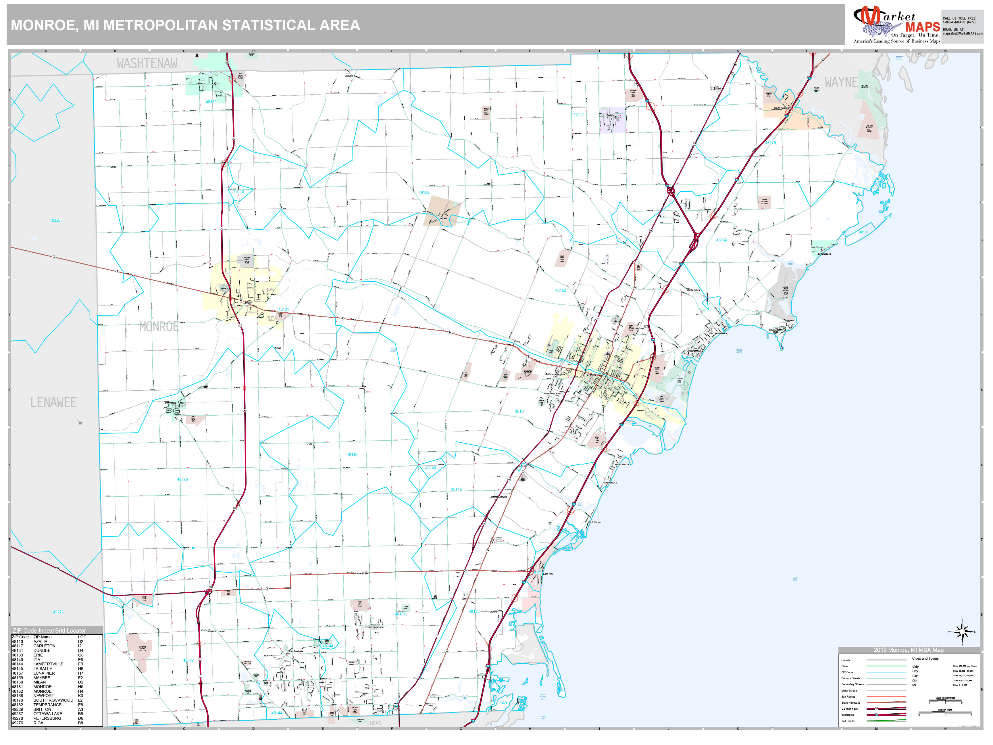 Monroe, MI Metro Area Wall Map Premium Style by MarketMAPS