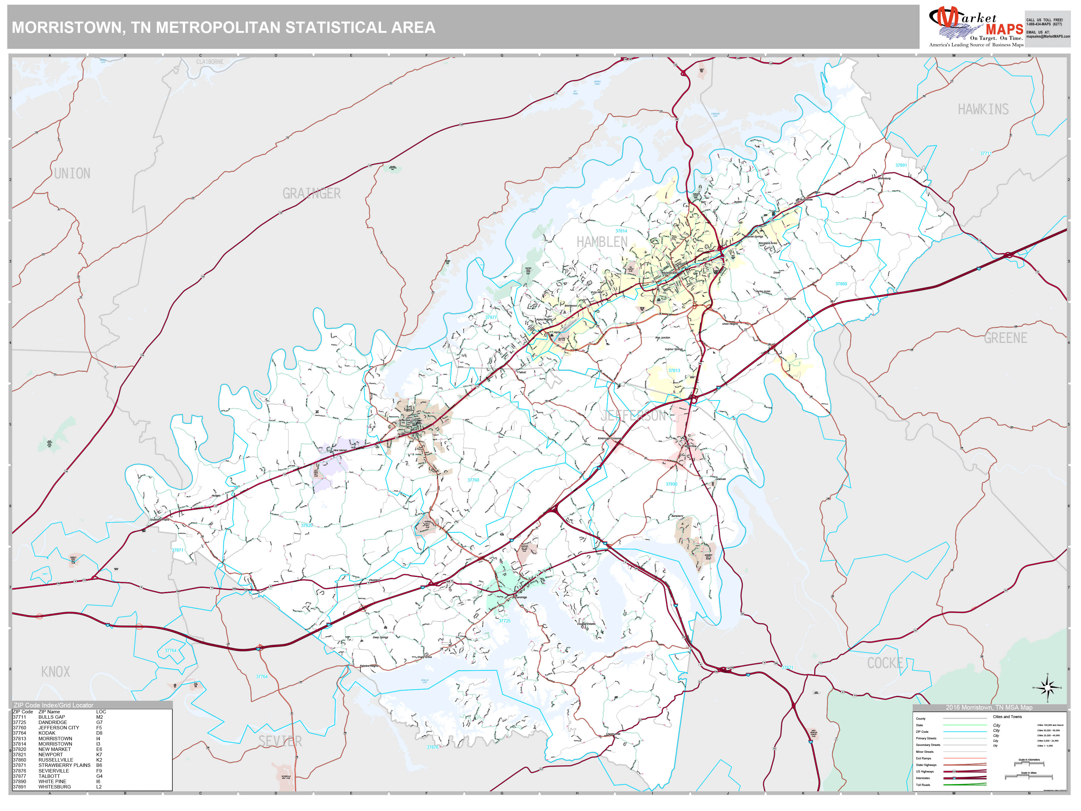 Morristown, TN Metro Area Wall Map Premium Style by MarketMAPS