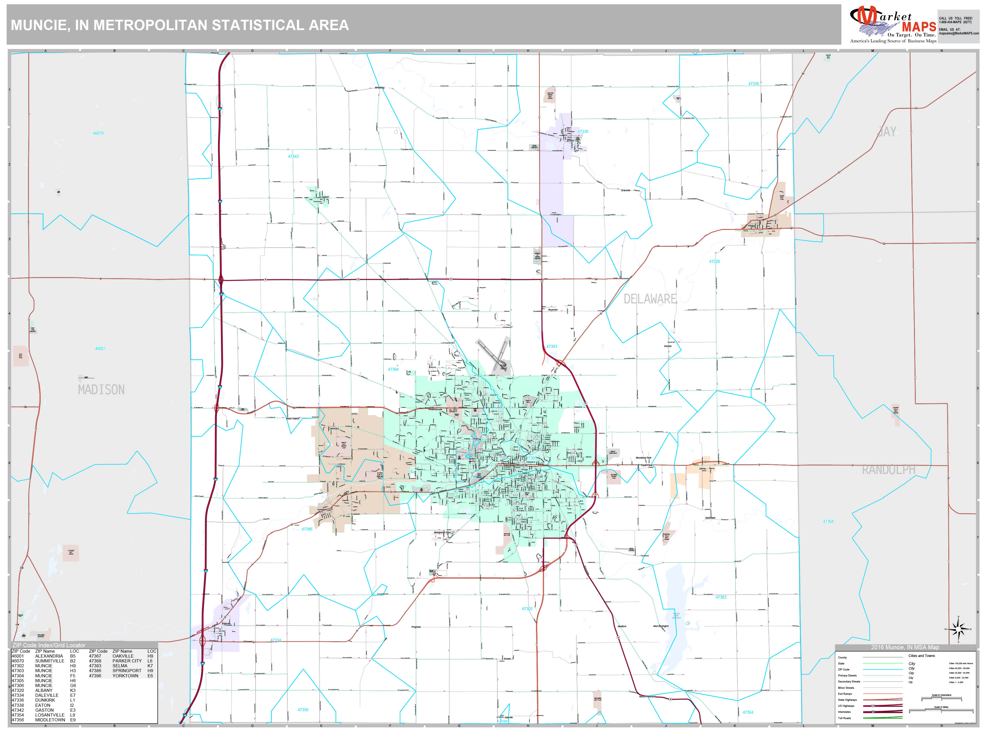 Muncie, IN Metro Area Wall Map Premium Style by MarketMAPS MapSales