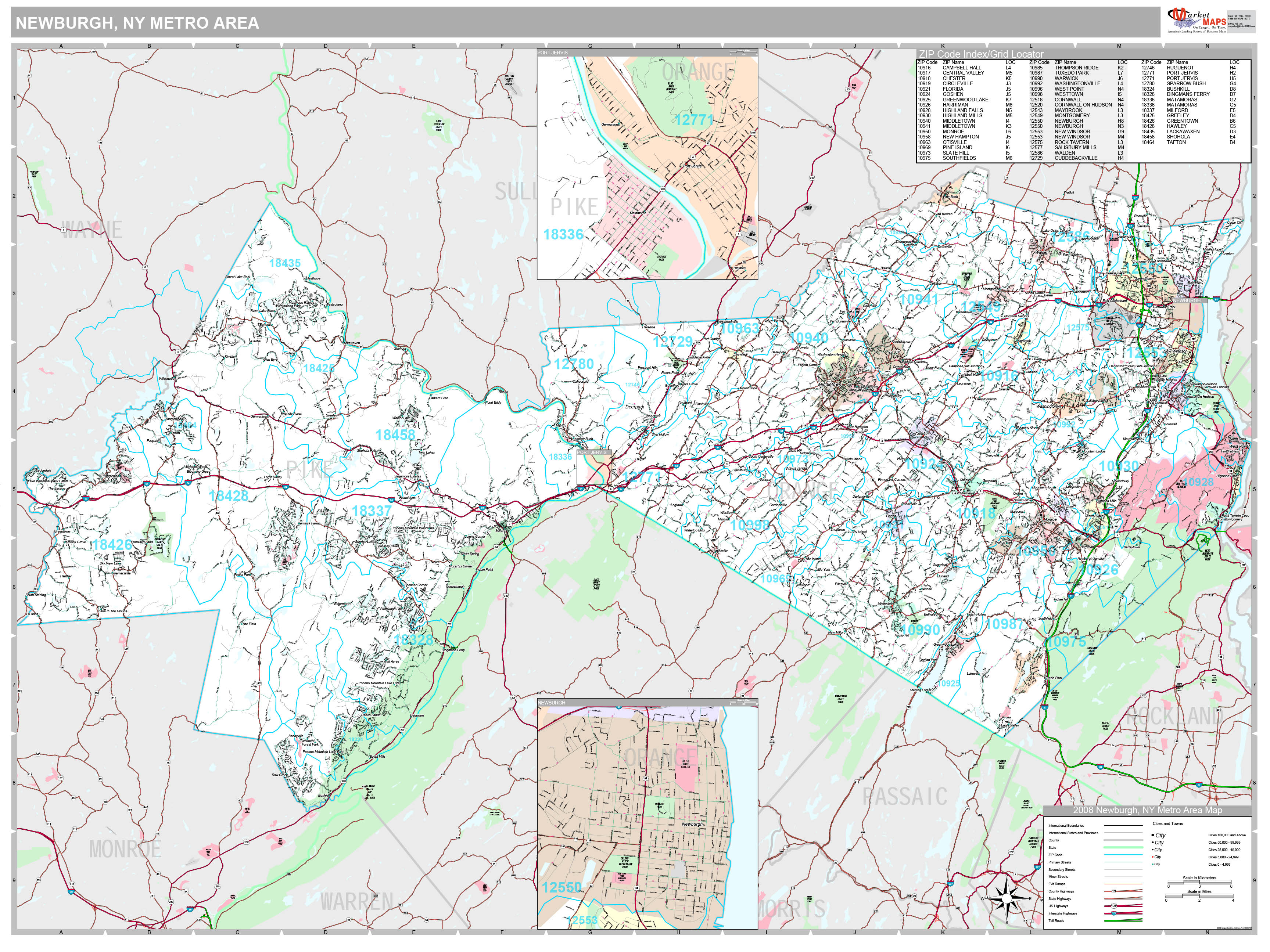 Newburgh, NY Metro Area Wall Map Premium Style by MarketMAPS MapSales