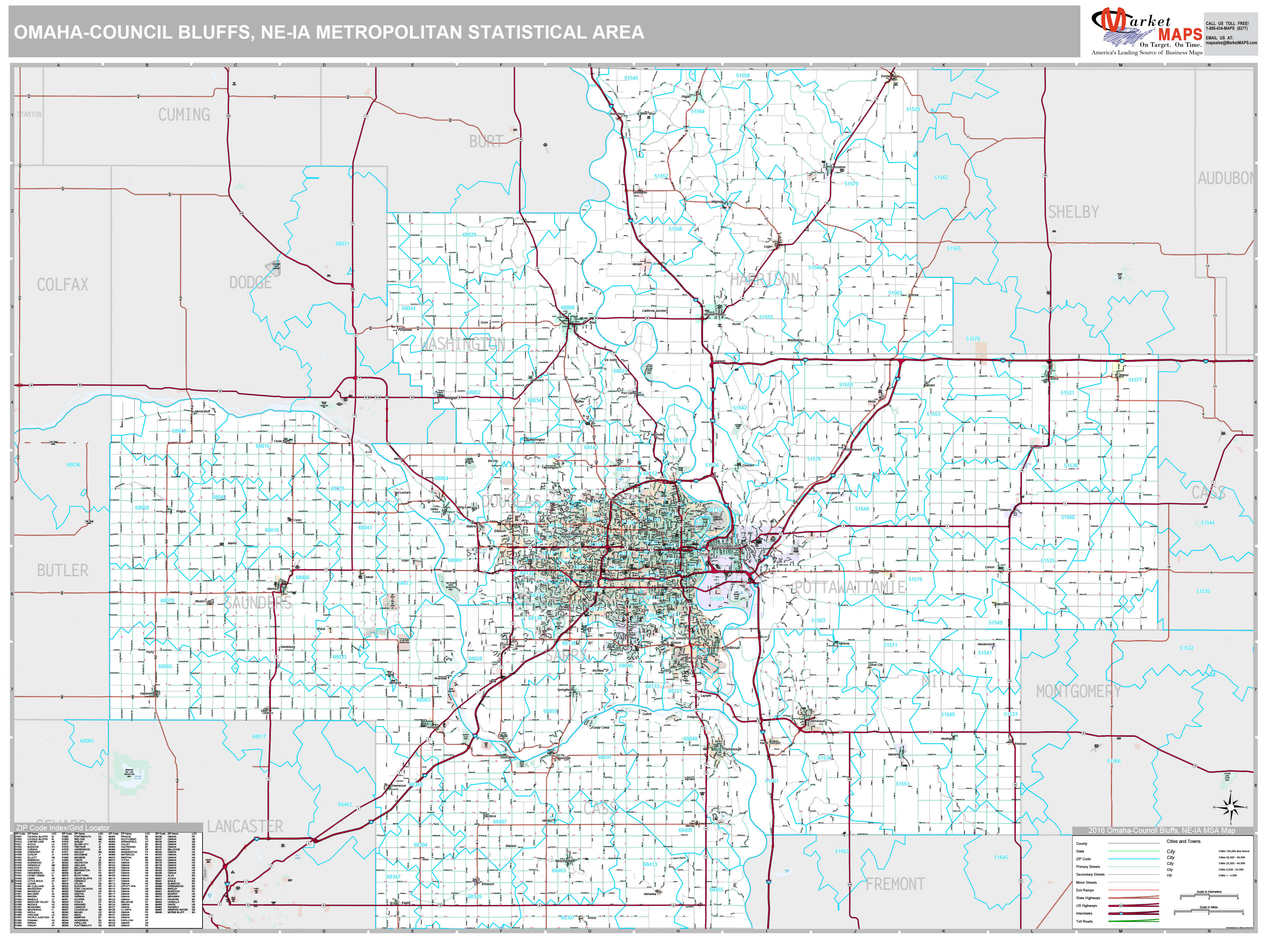OmahaCouncil Bluffs, NE Metro Area Wall Map Premium Style by