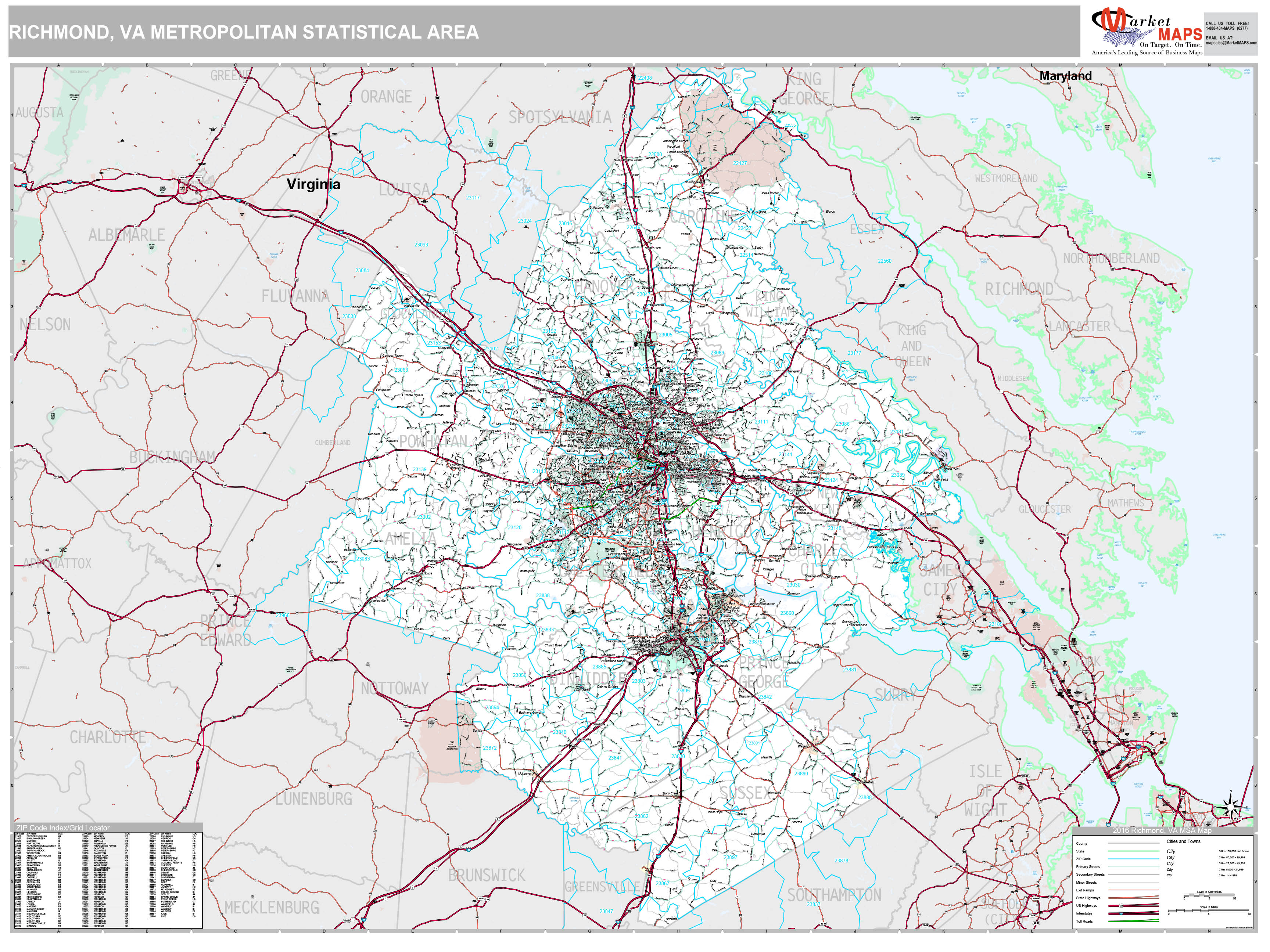 Richmond, VA Metro Area Wall Map Premium Style by MarketMAPS MapSales