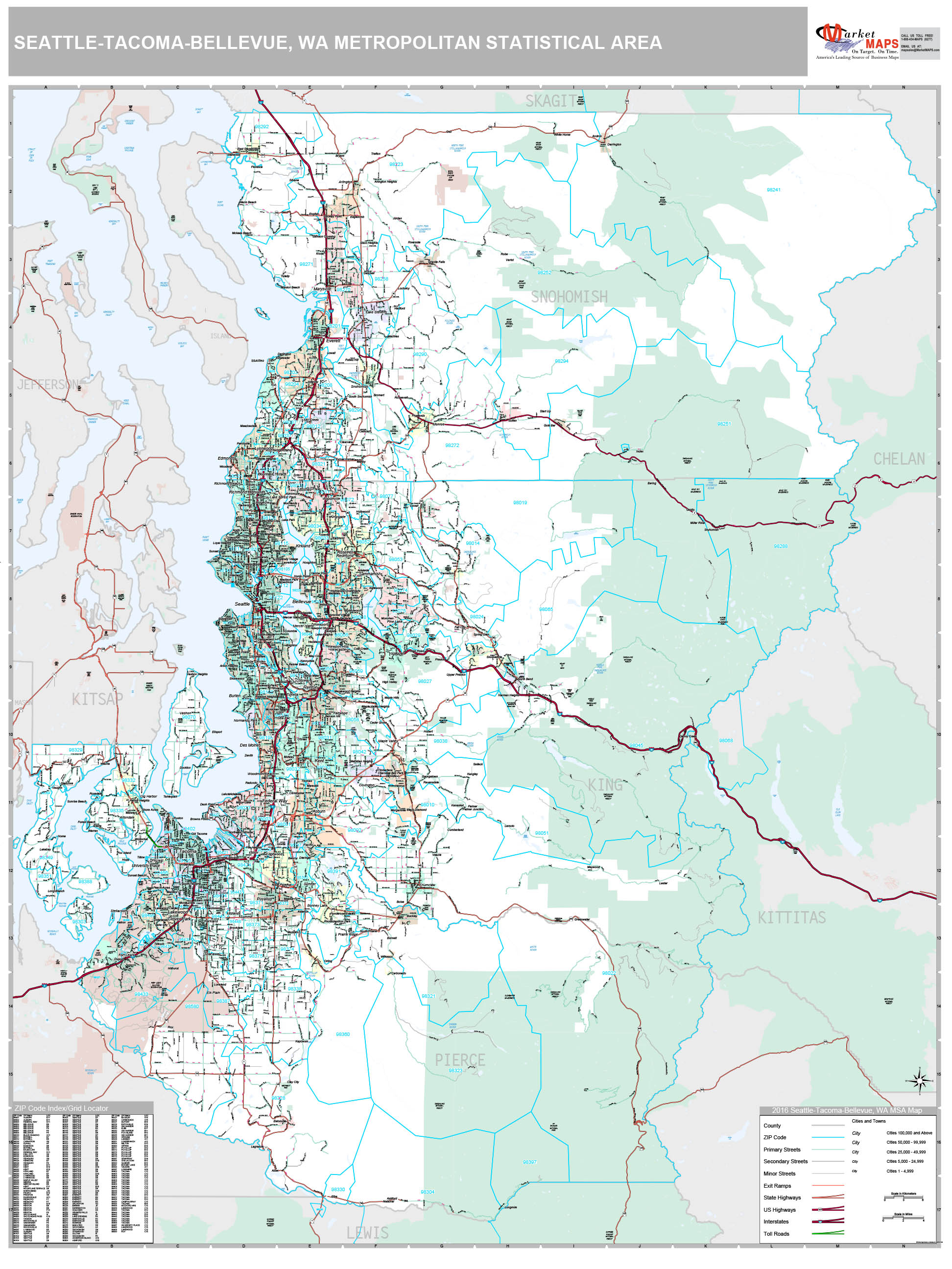 Seattle-Tacoma-Bellevue, WA Metro Area Wall Map Premium ...