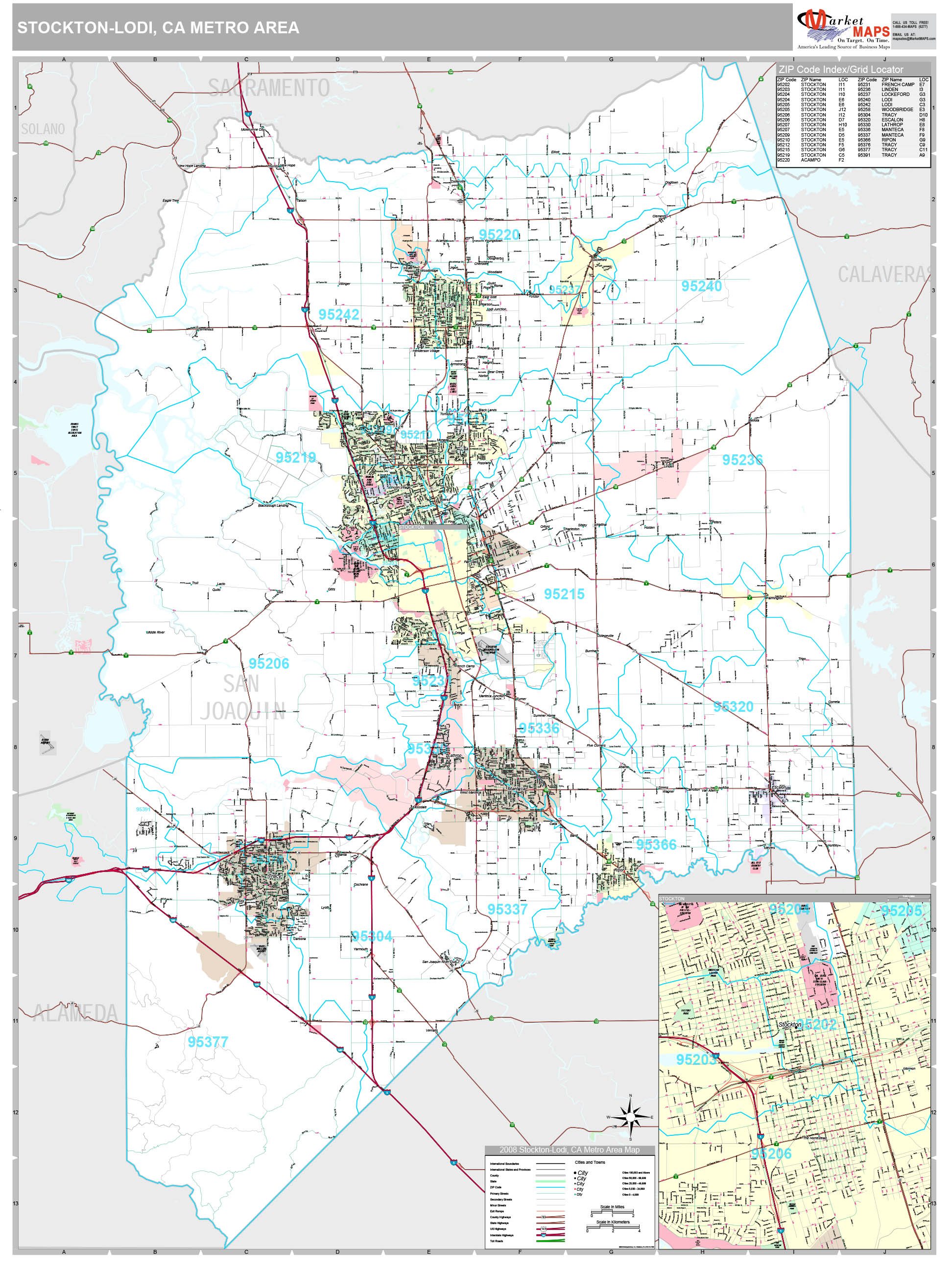 Stockton-Lodi, CA Metro Area Wall Map Premium Style by MarketMAPS