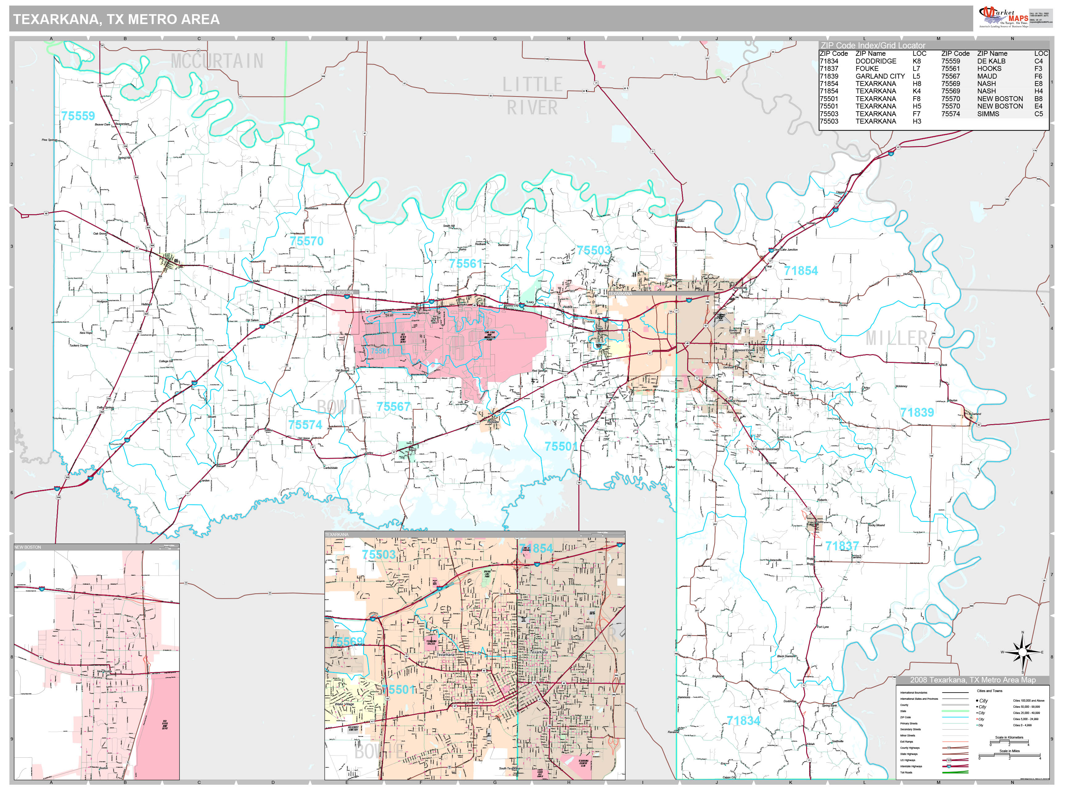 Texarkana, TX Metro Area Wall Map Premium Style by MarketMAPS