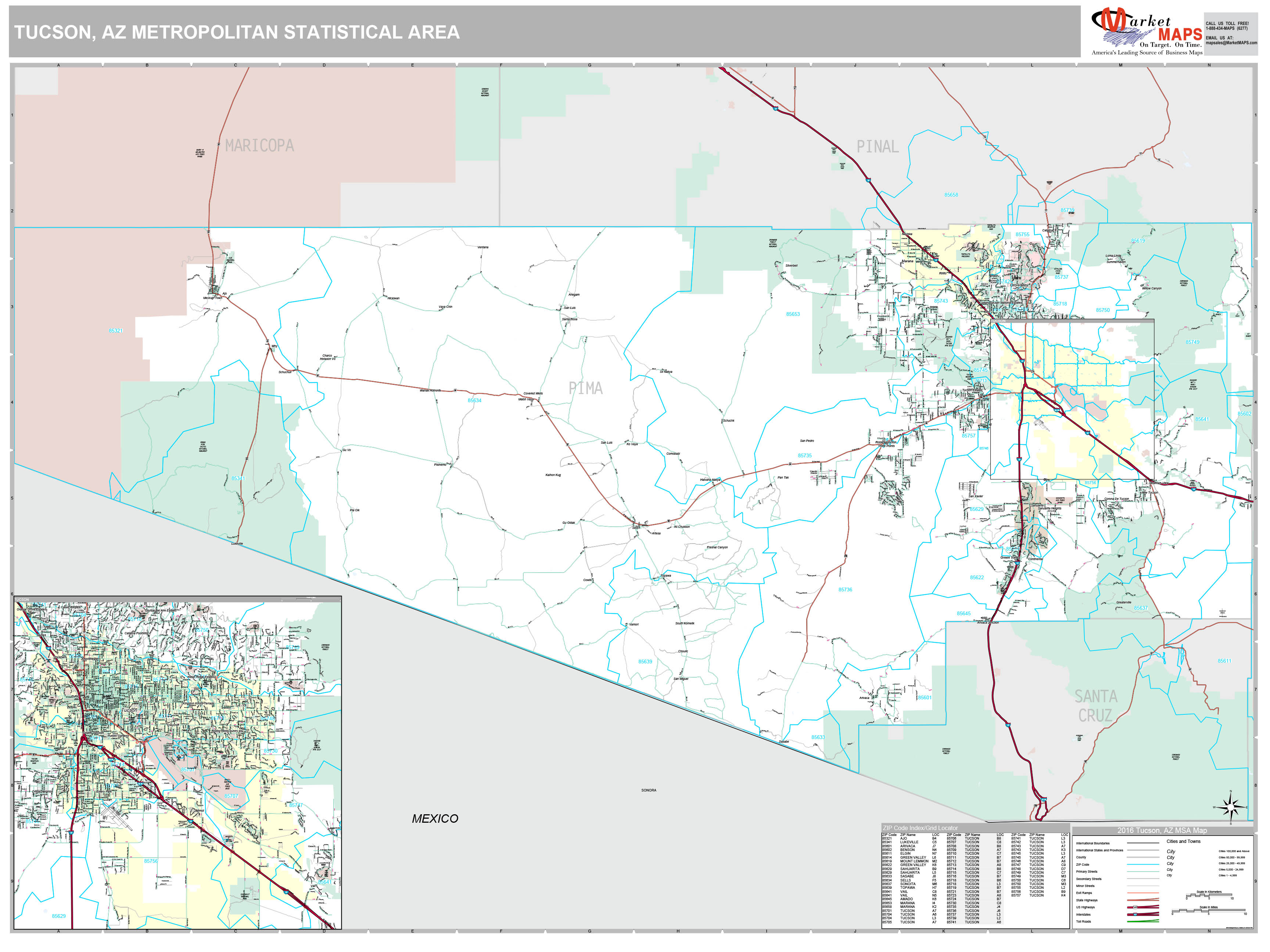 Tucson, AZ Metro Area Wall Map Premium Style by MarketMAPS MapSales