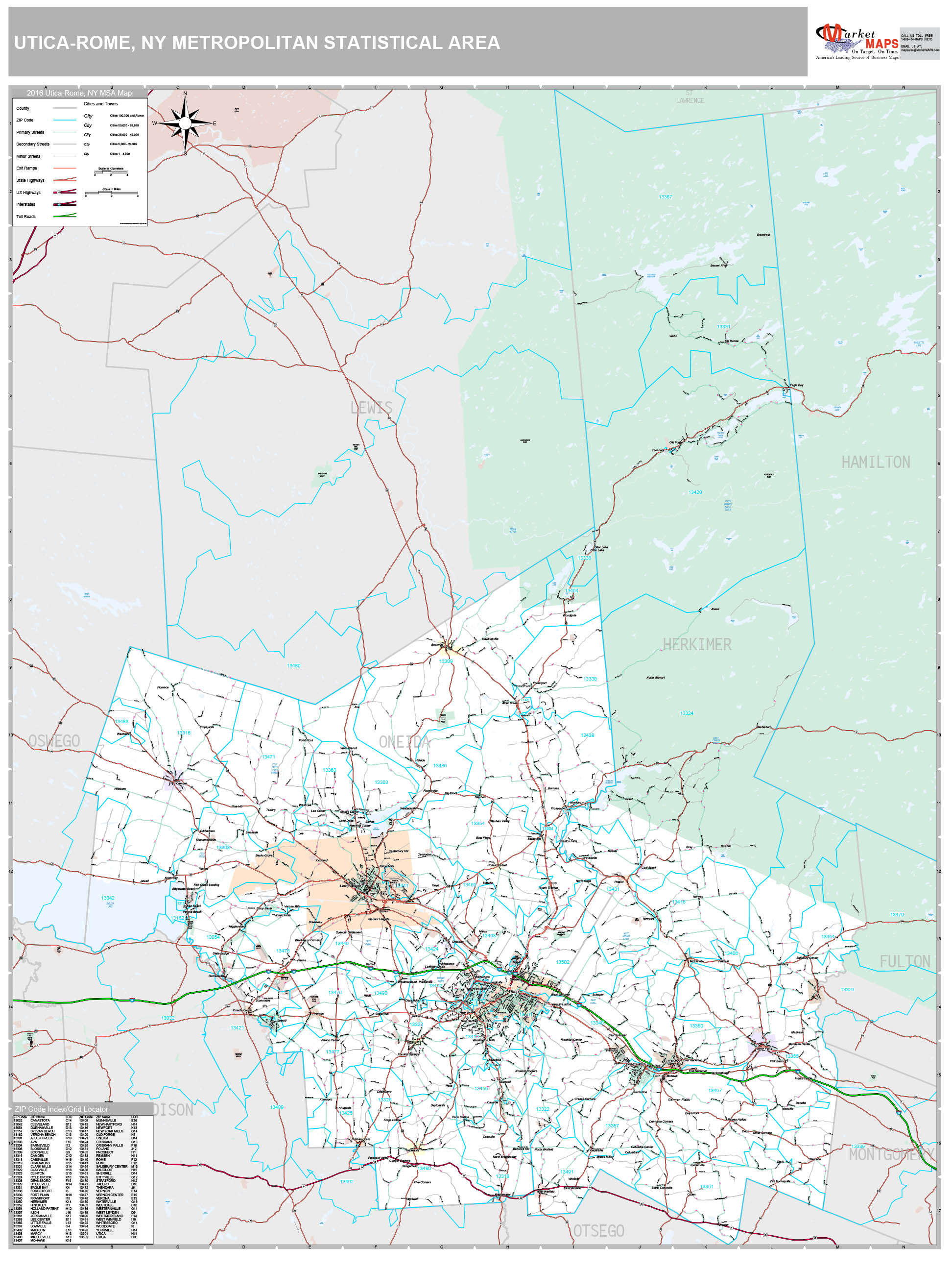 UticaRome, NY Metro Area Wall Map Premium Style by MarketMAPS