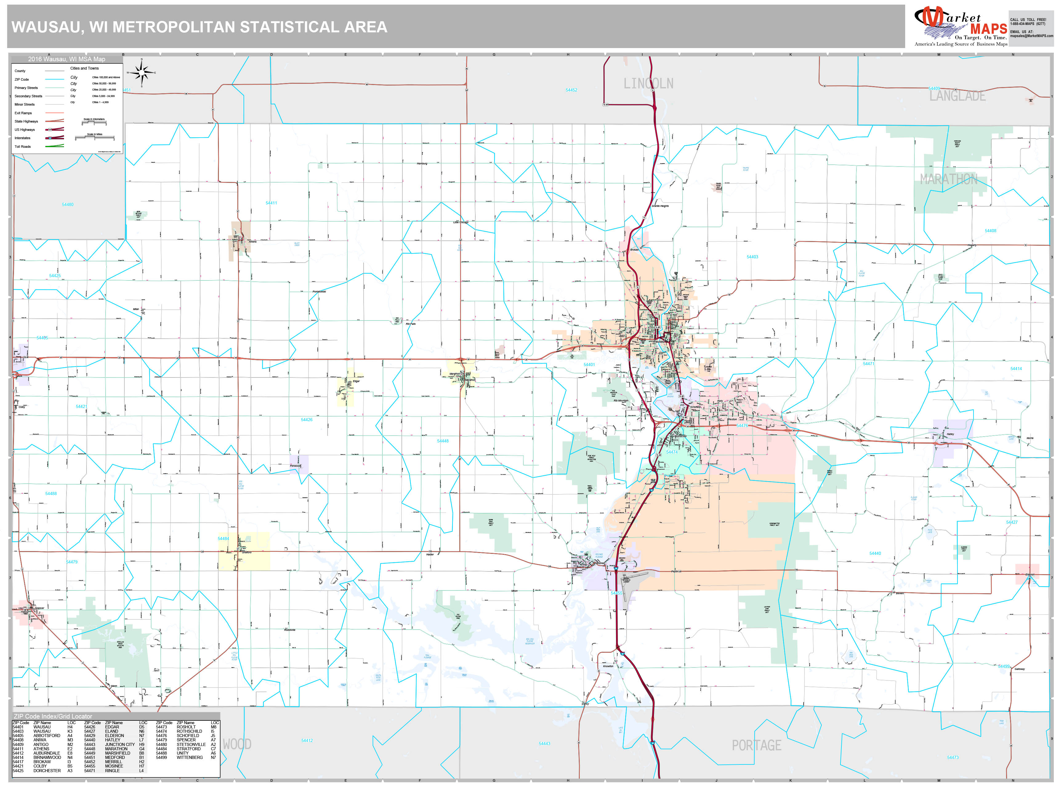 Wausau, WI Metro Area Wall Map Premium Style by MarketMAPS MapSales