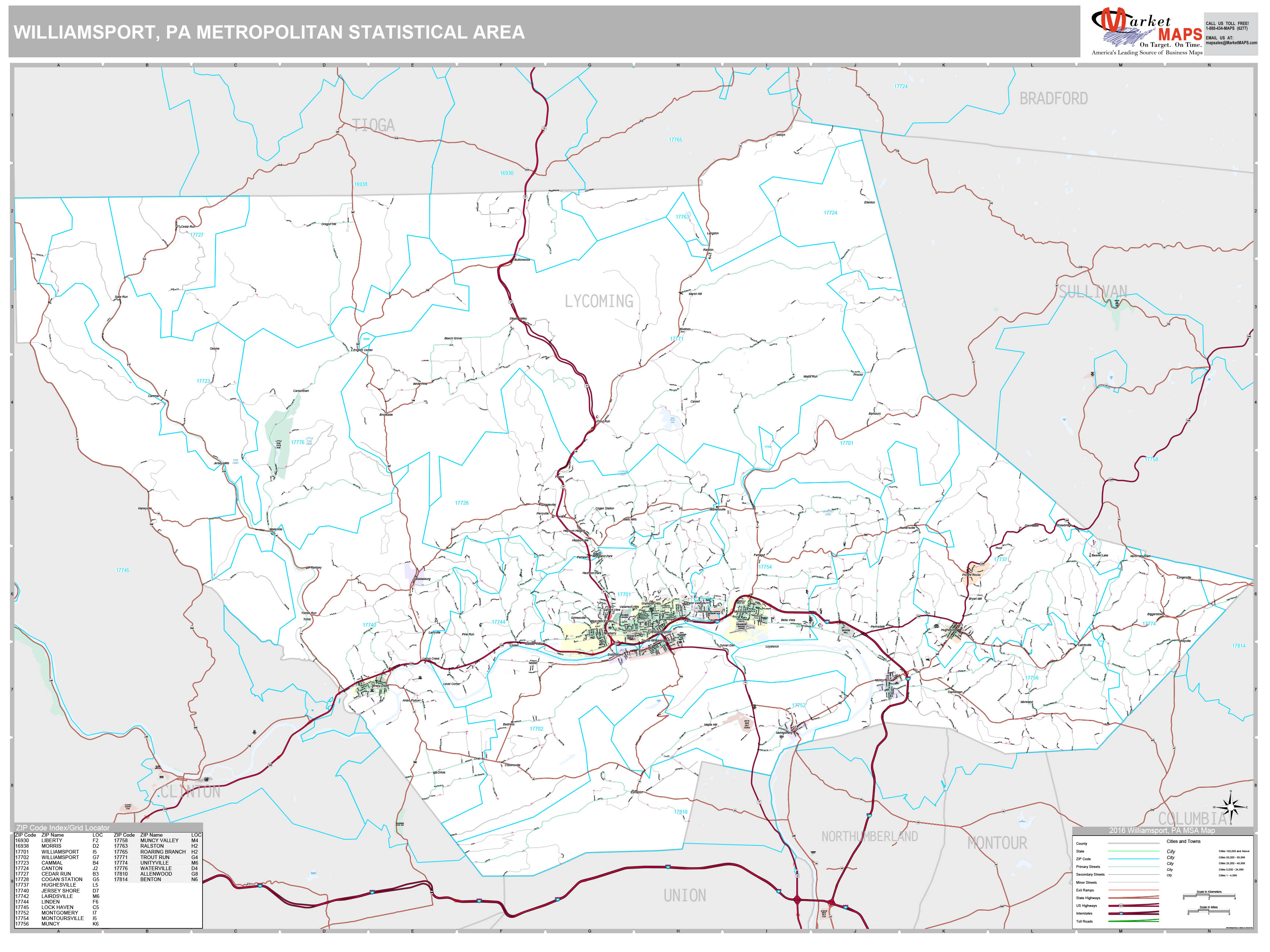 Williamsport, PA Metro Area Wall Map Premium Style by MarketMAPS MapSales