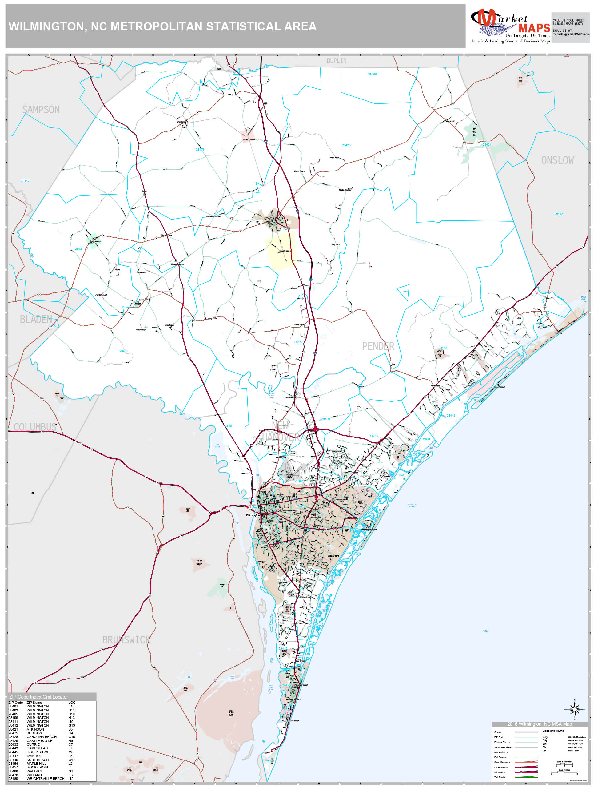 Wilmington, NC Metro Area Wall Map Premium Style by MarketMAPS