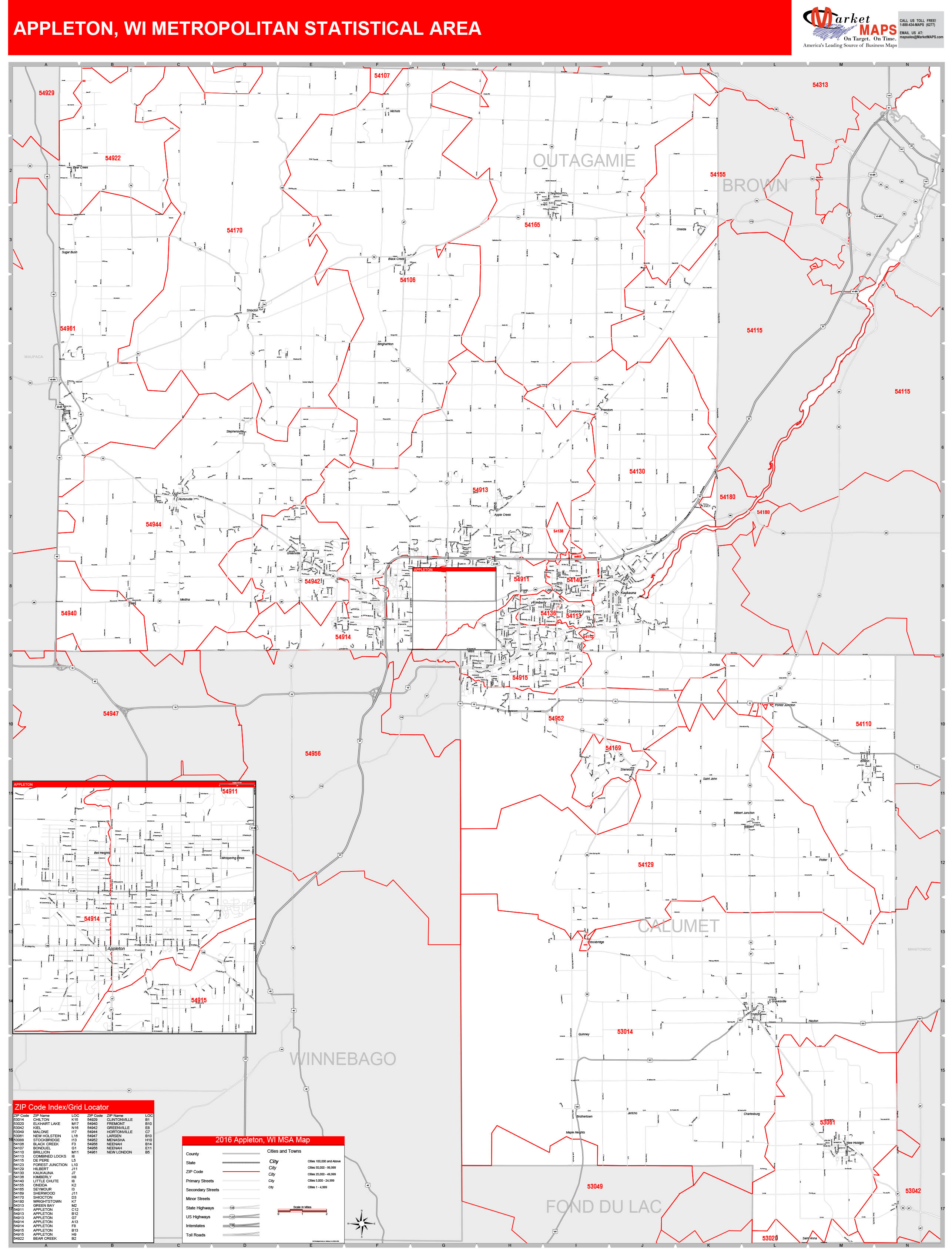 Appleton, WI Metro Area Wall Map Red Line Style by MarketMAPS