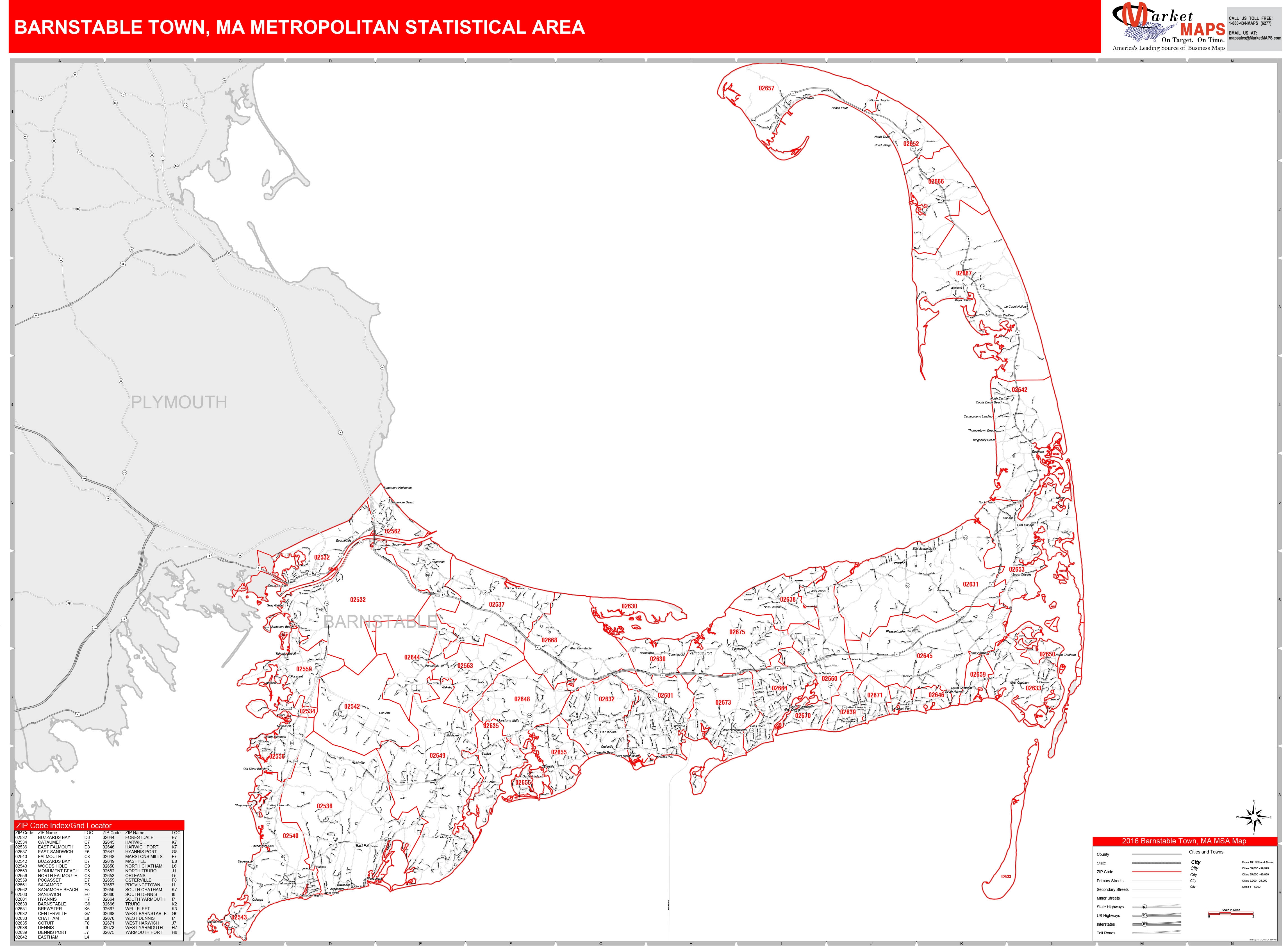 Barnstable Town, MA Metro Area Wall Map Red Line Style by MarketMAPS