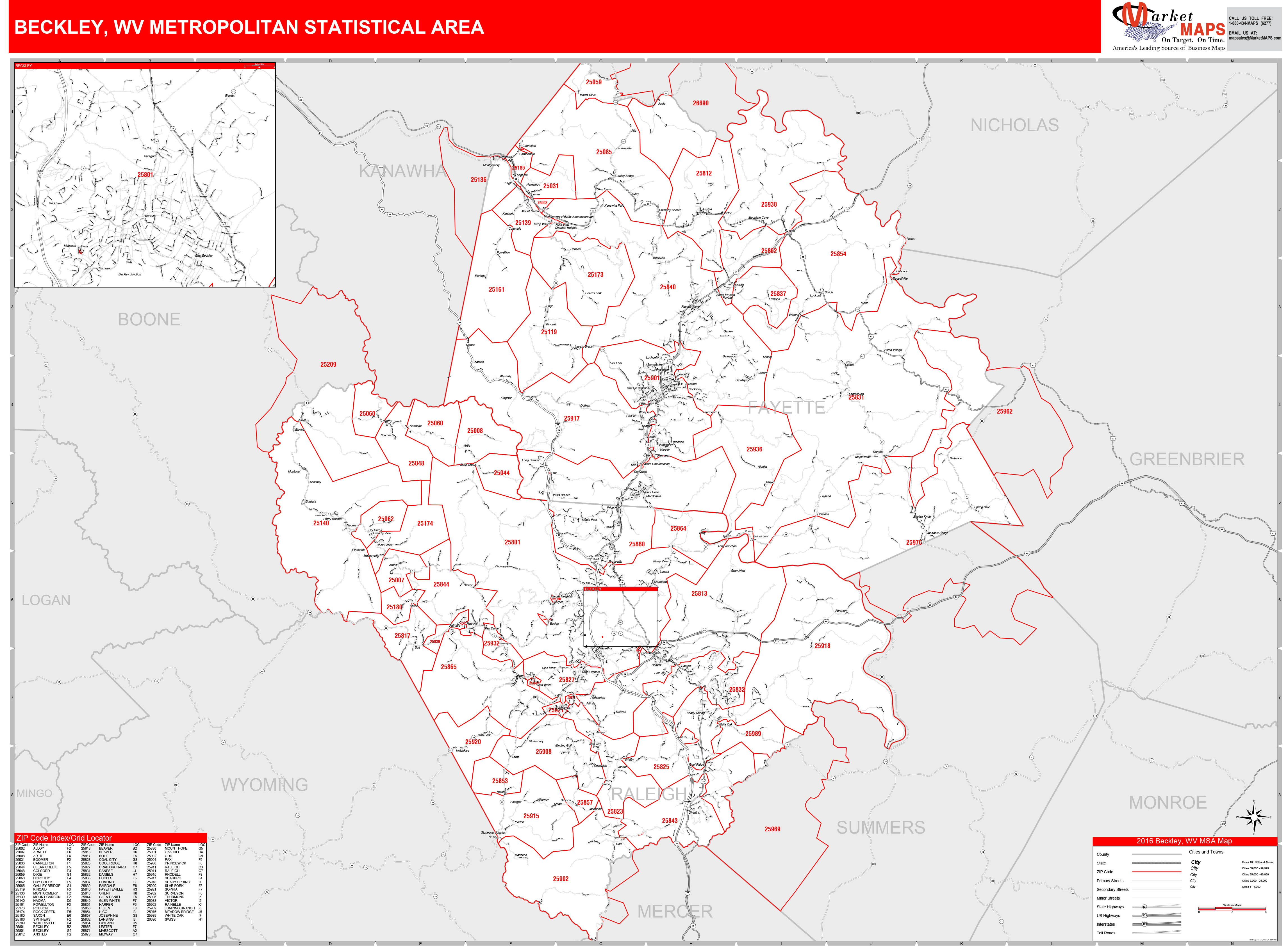 Beckley, WV Metro Area Wall Map Red Line Style by MarketMAPS