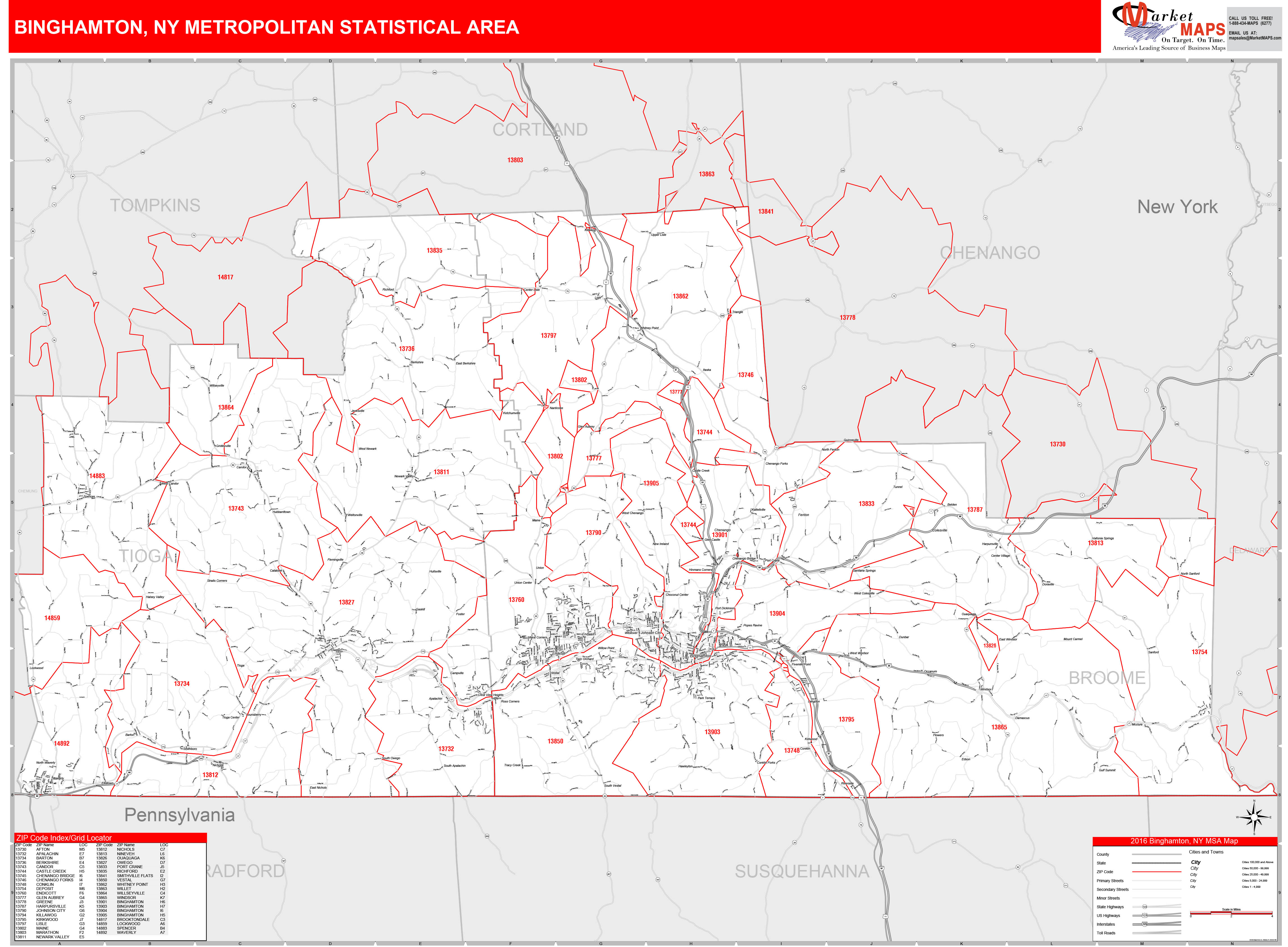Binghamton, NY Metro Area Wall Map Red Line Style by MarketMAPS