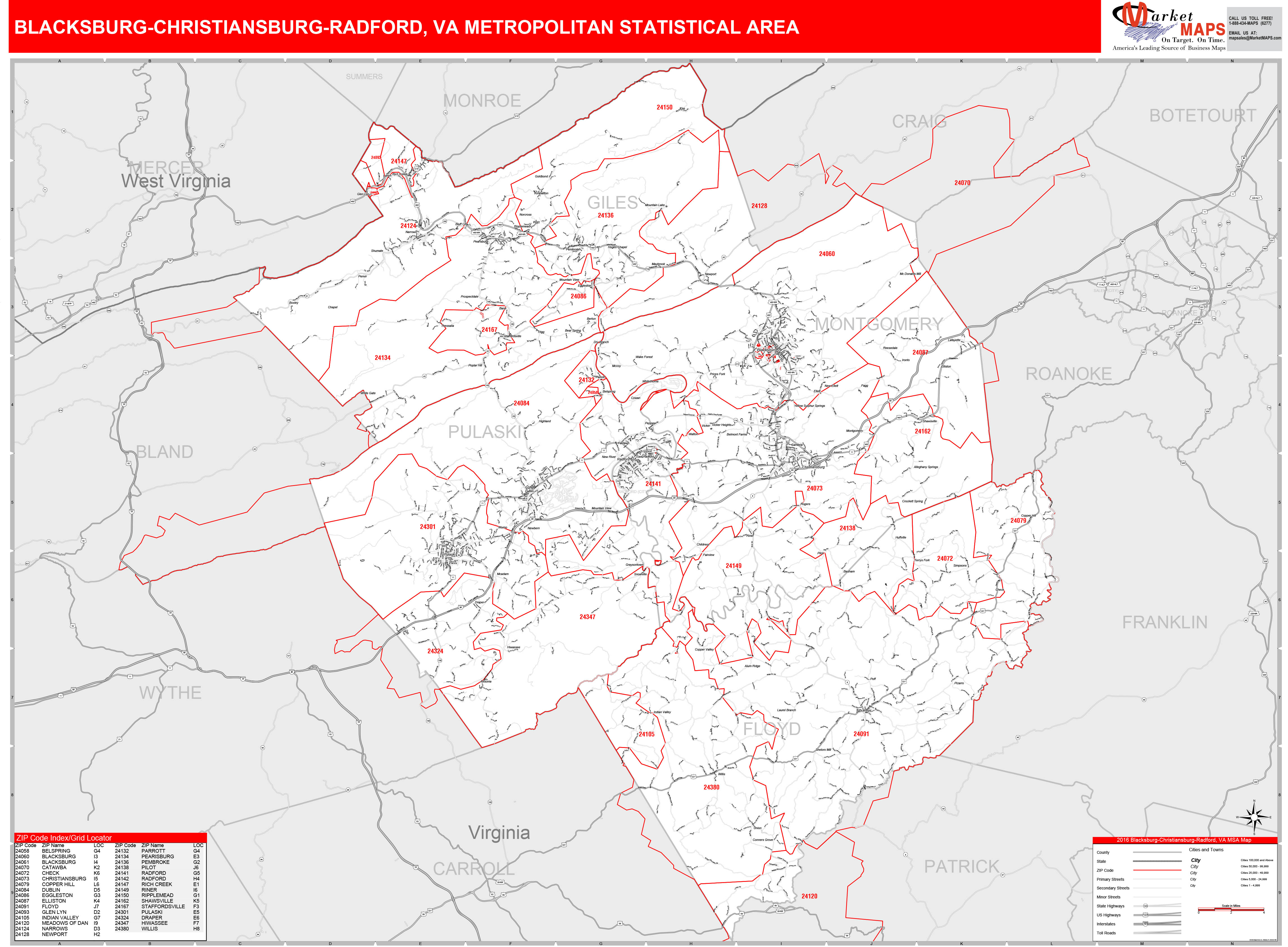 BlacksburgChristiansburgRadford, VA Metro Area Wall Map Red Line