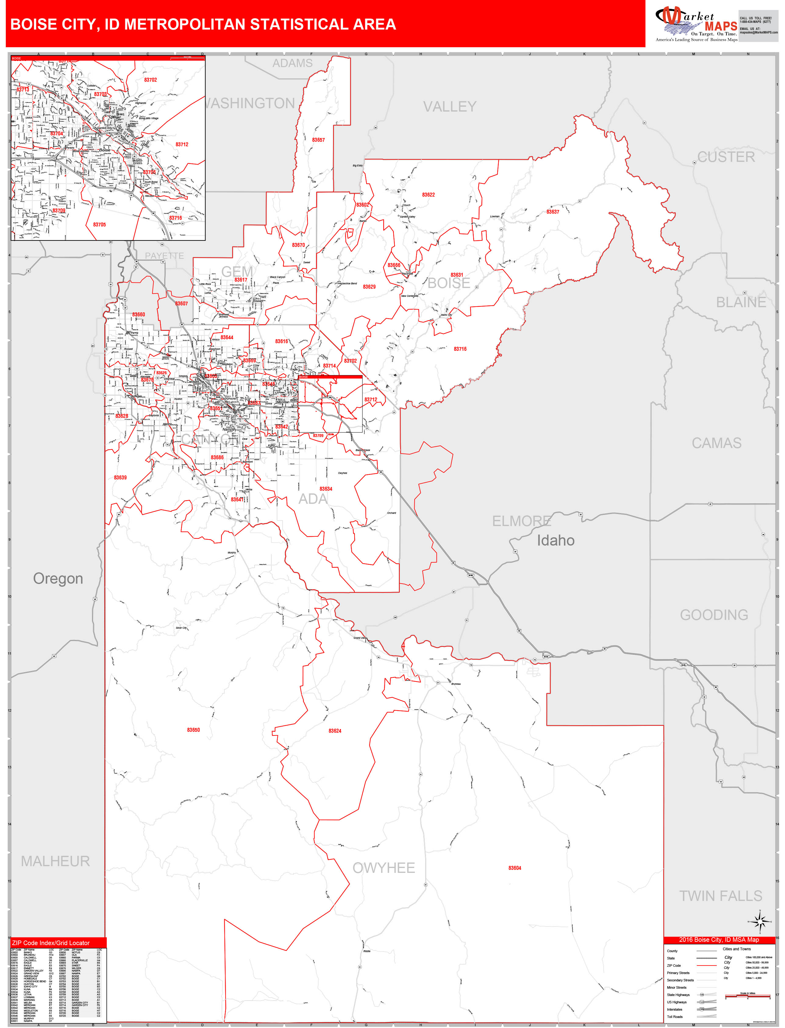 Boise City, ID Metro Area Wall Map Red Line Style by MarketMAPS