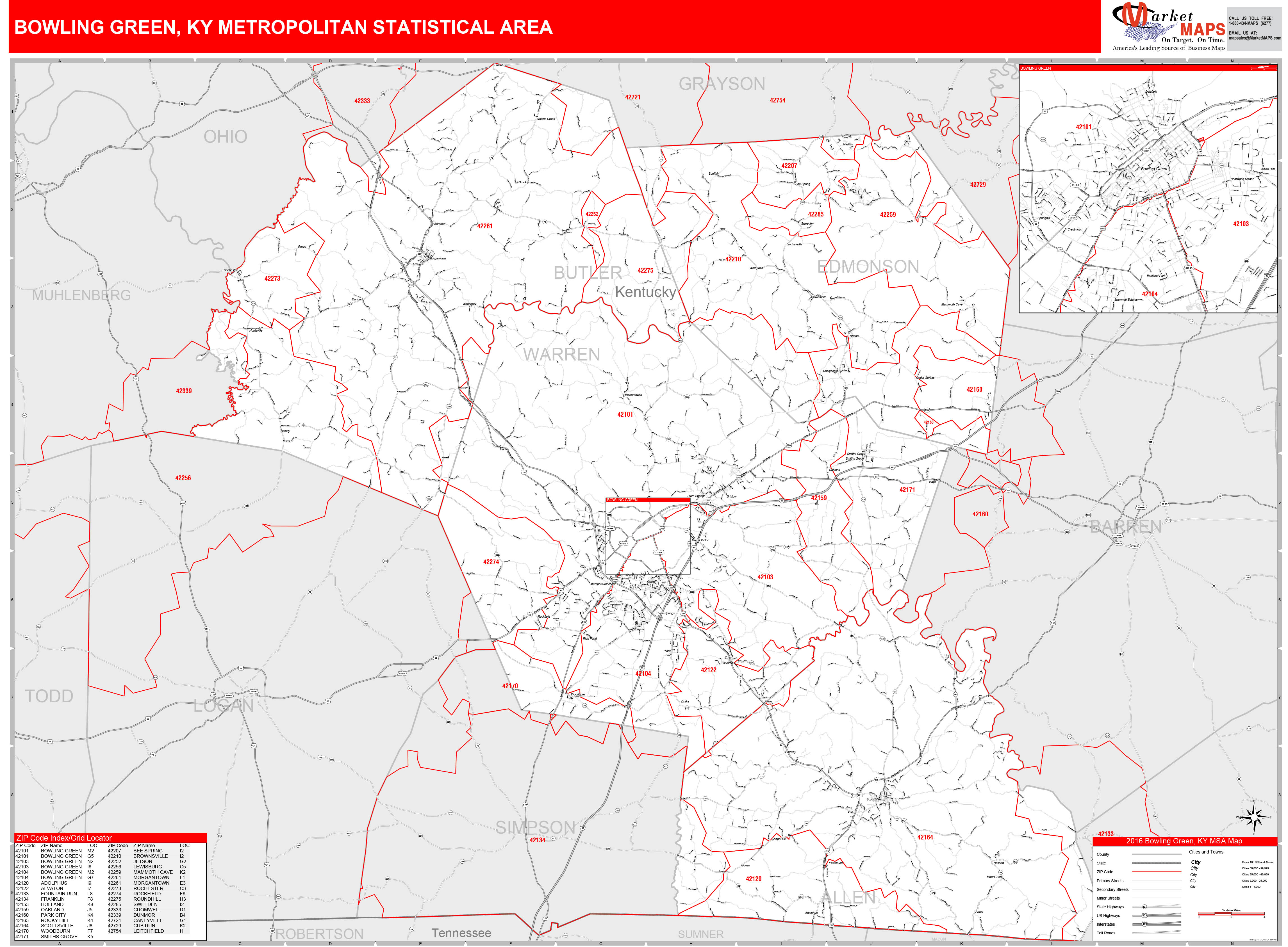Bowling Green, KY Metro Area Wall Map Red Line Style by MarketMAPS ...