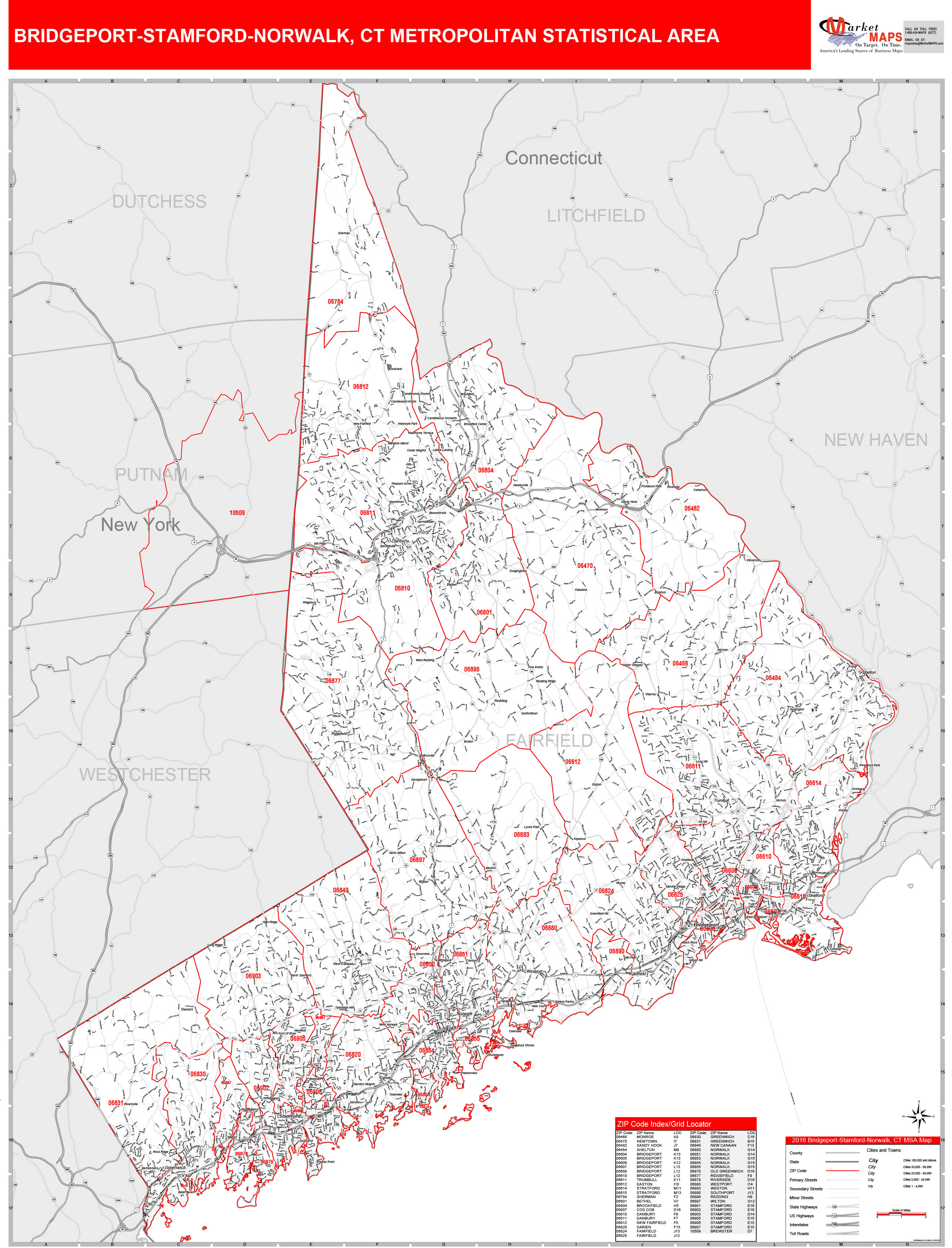 BridgeportStamfordNorwalk, CT Metro Area Wall Map Red Line Style by