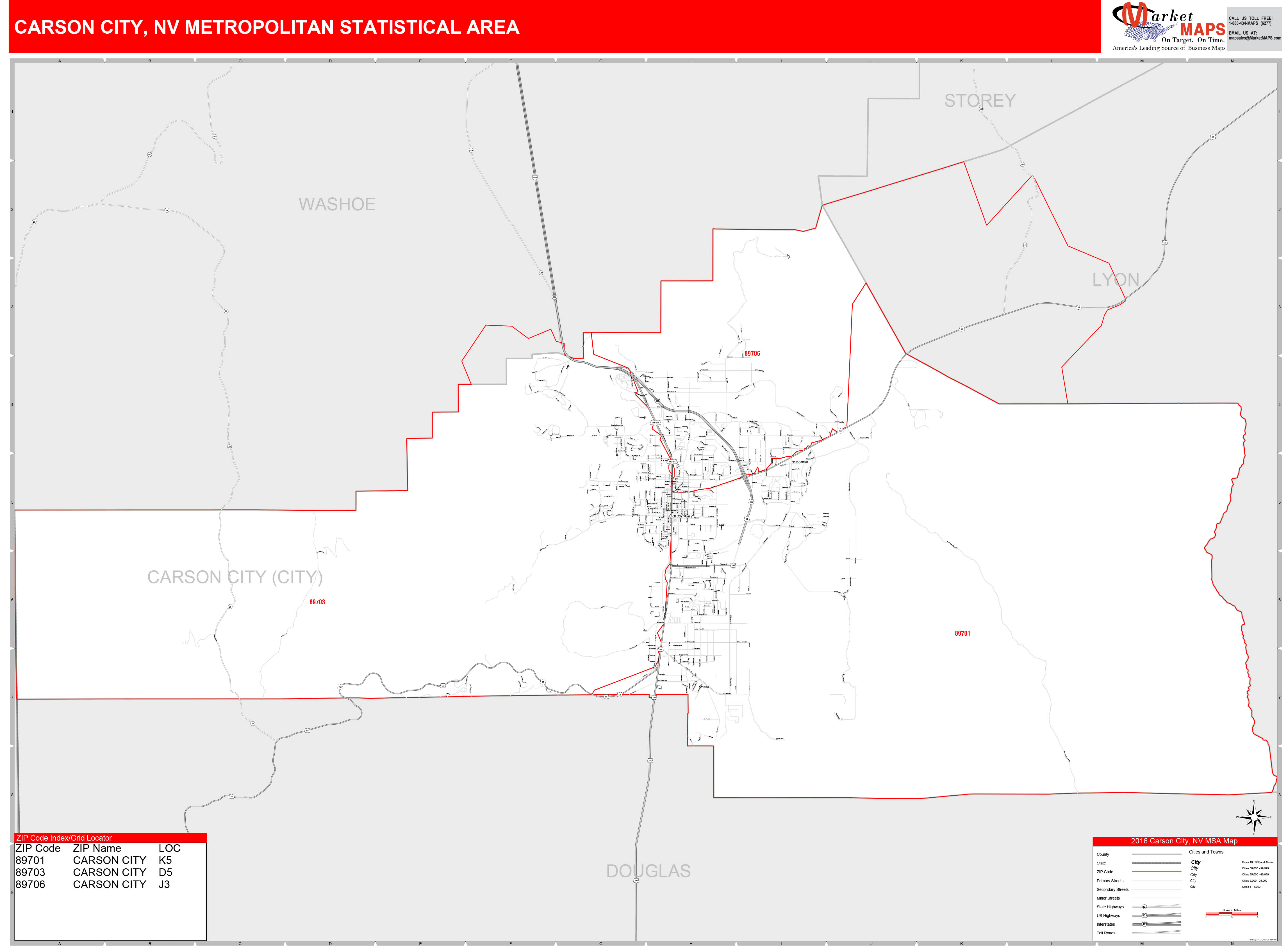 Carson City, NV Metro Area Wall Map Red Line Style by MarketMAPS