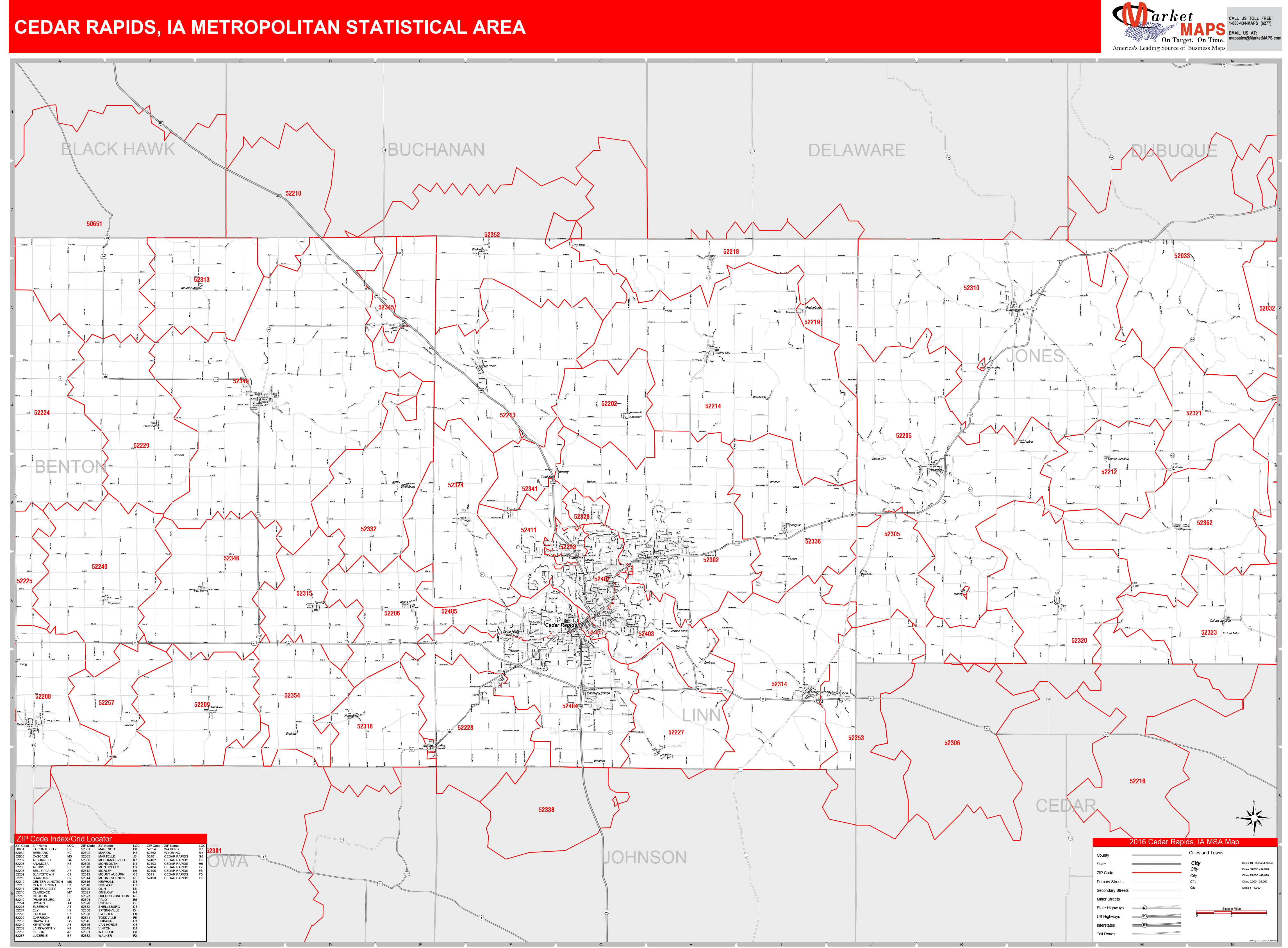 Cedar Rapids, IA Metro Area Wall Map Red Line Style by MarketMAPS