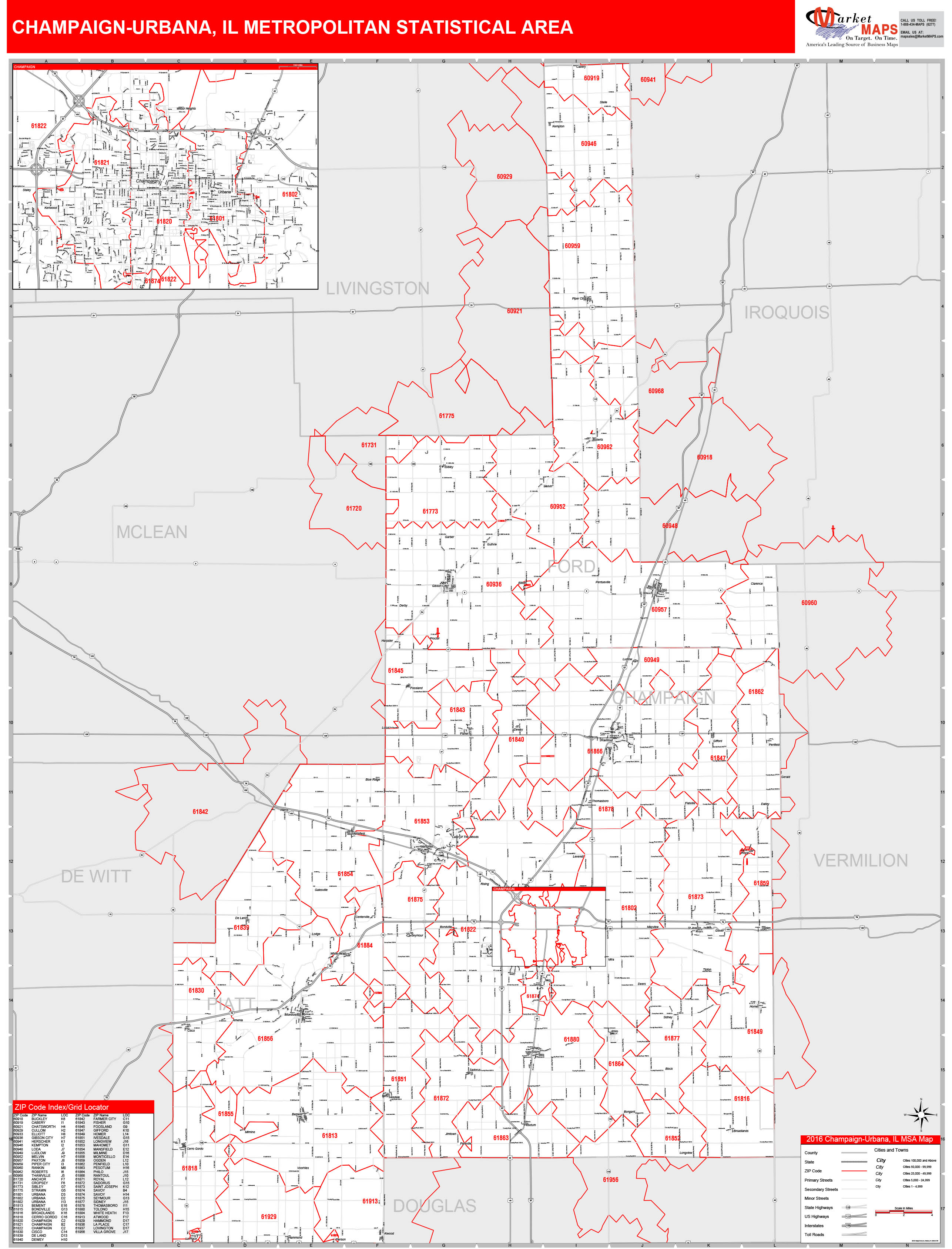 ChampaignUrbana, IL Metro Area Wall Map Red Line Style by MarketMAPS