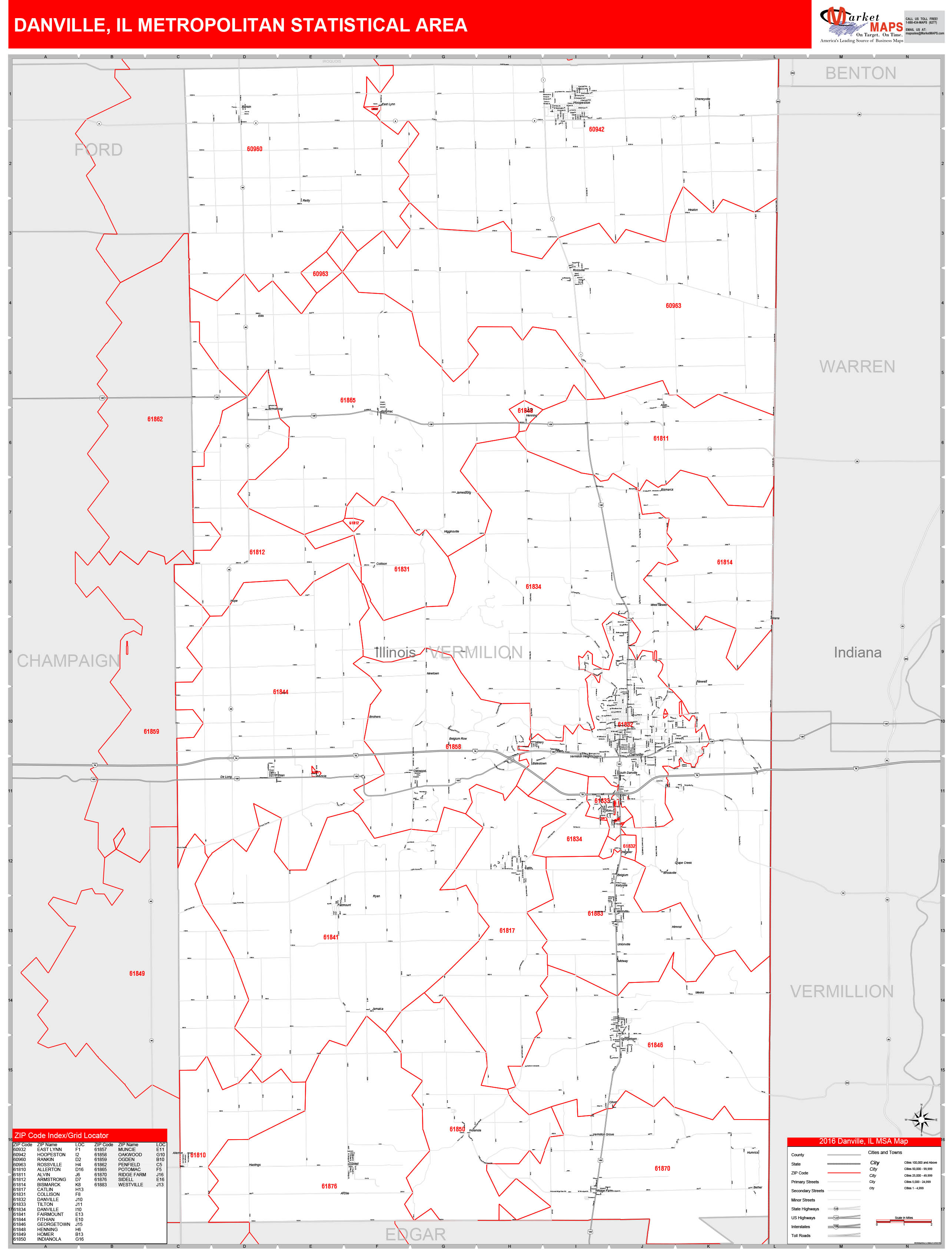 Danville, IL Metro Area Wall Map Red Line Style by MarketMAPS