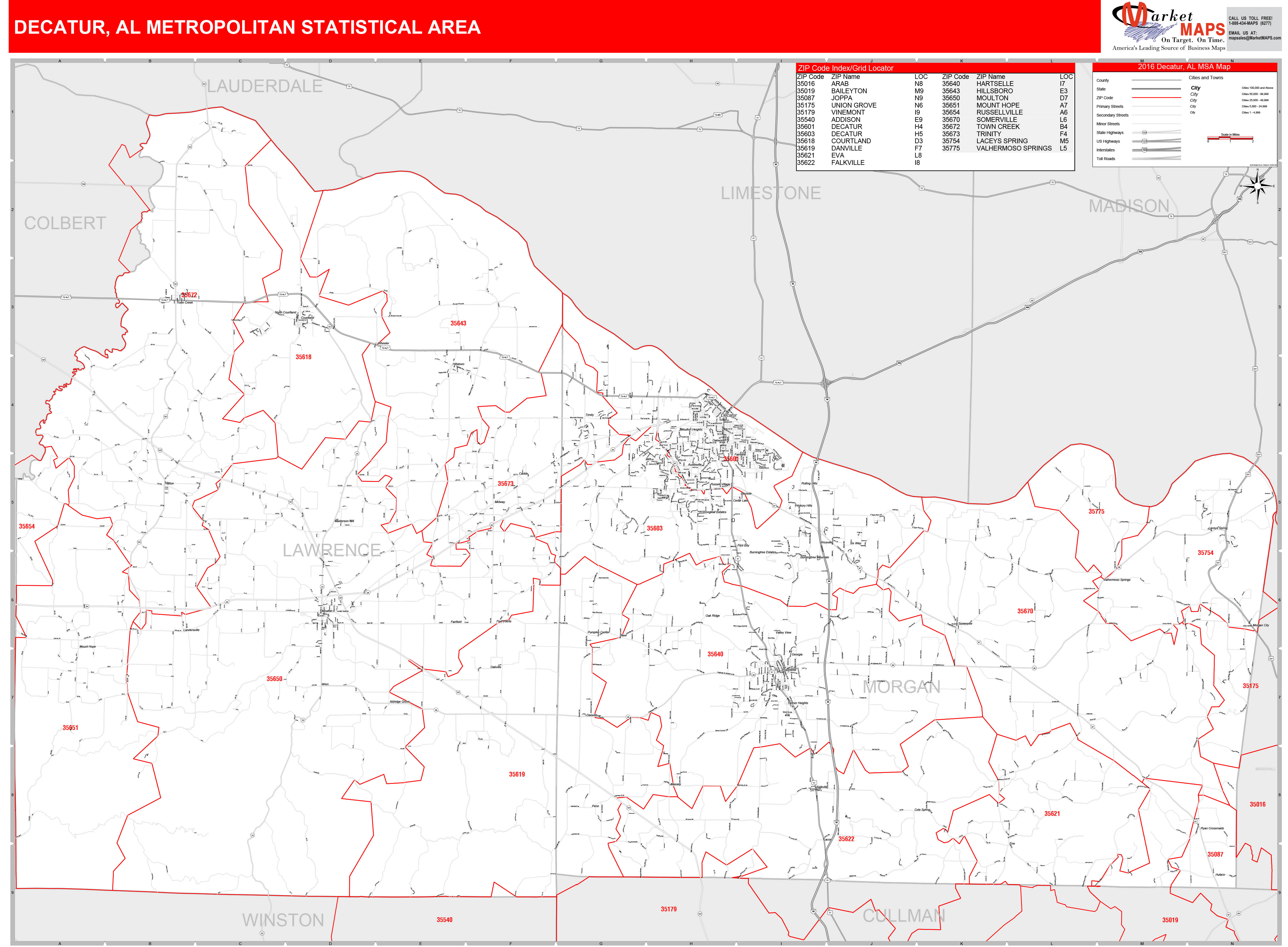 Decatur, AL Metro Area Wall Map Red Line Style by MarketMAPS