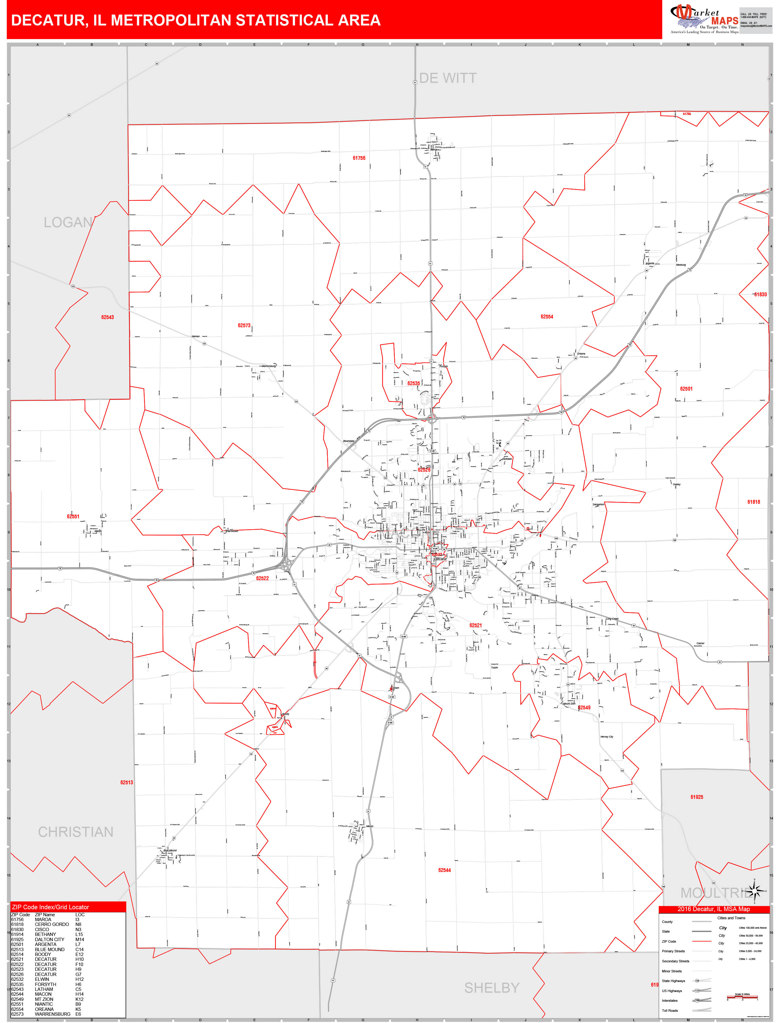 Decatur, IL Metro Area Wall Map Red Line Style by MarketMAPS