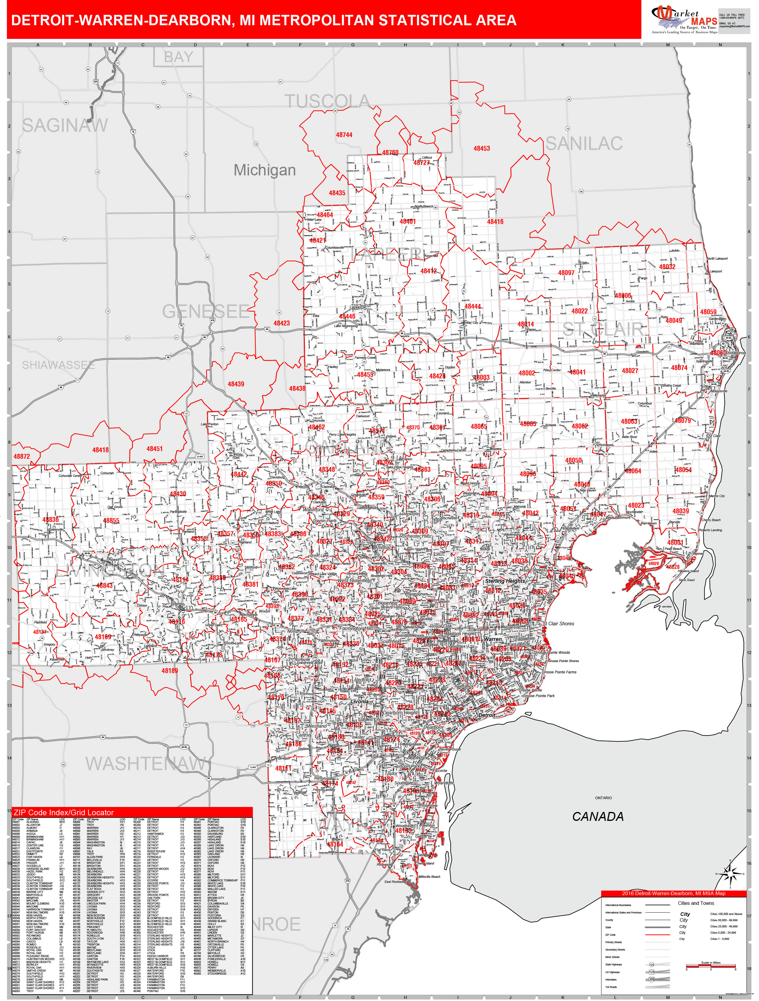 Detroit Michigan Zip Code Wall Map Red Line Style By Marketmaps