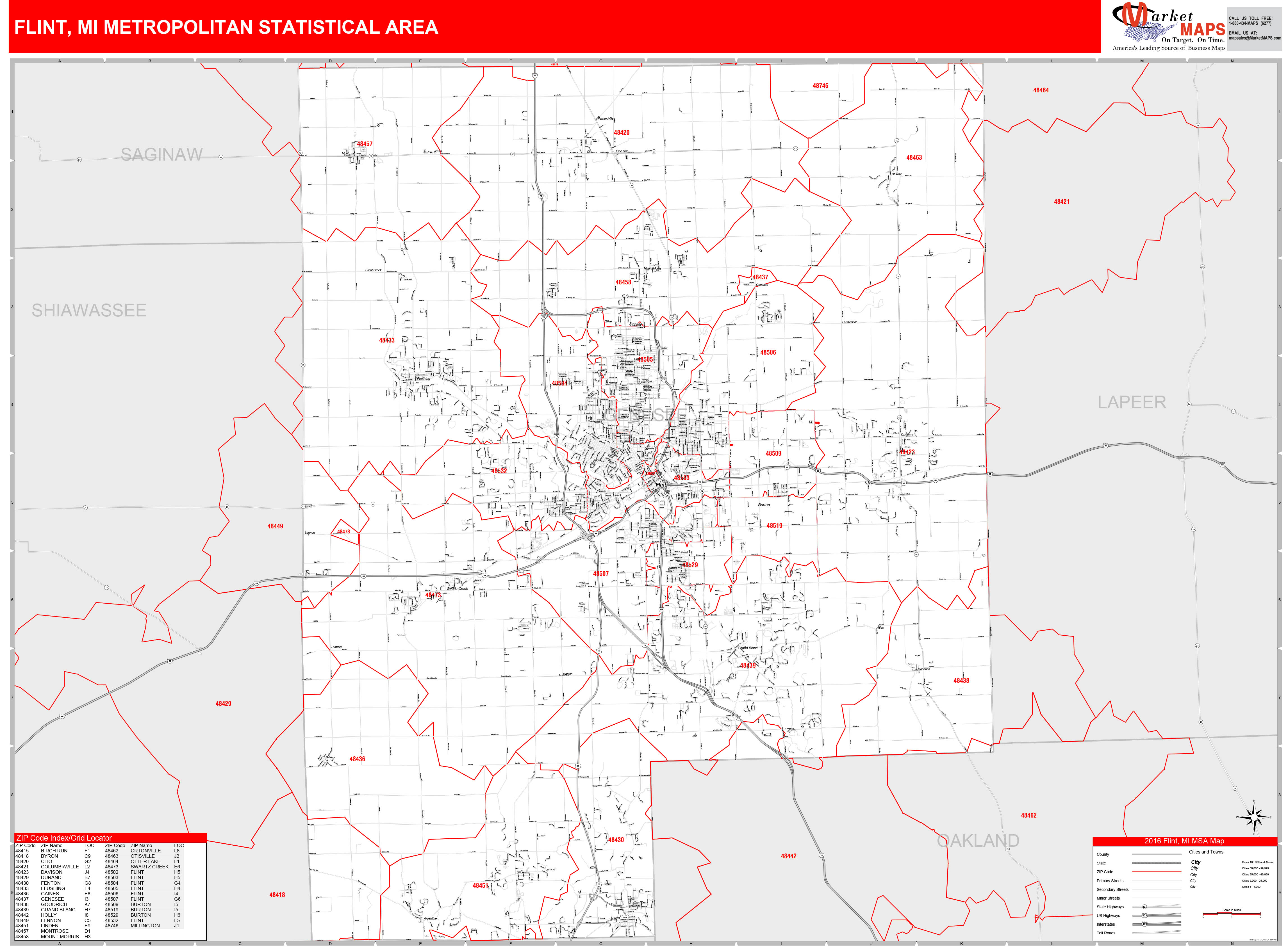 Flint, MI Metro Area Wall Map Red Line Style by MarketMAPS