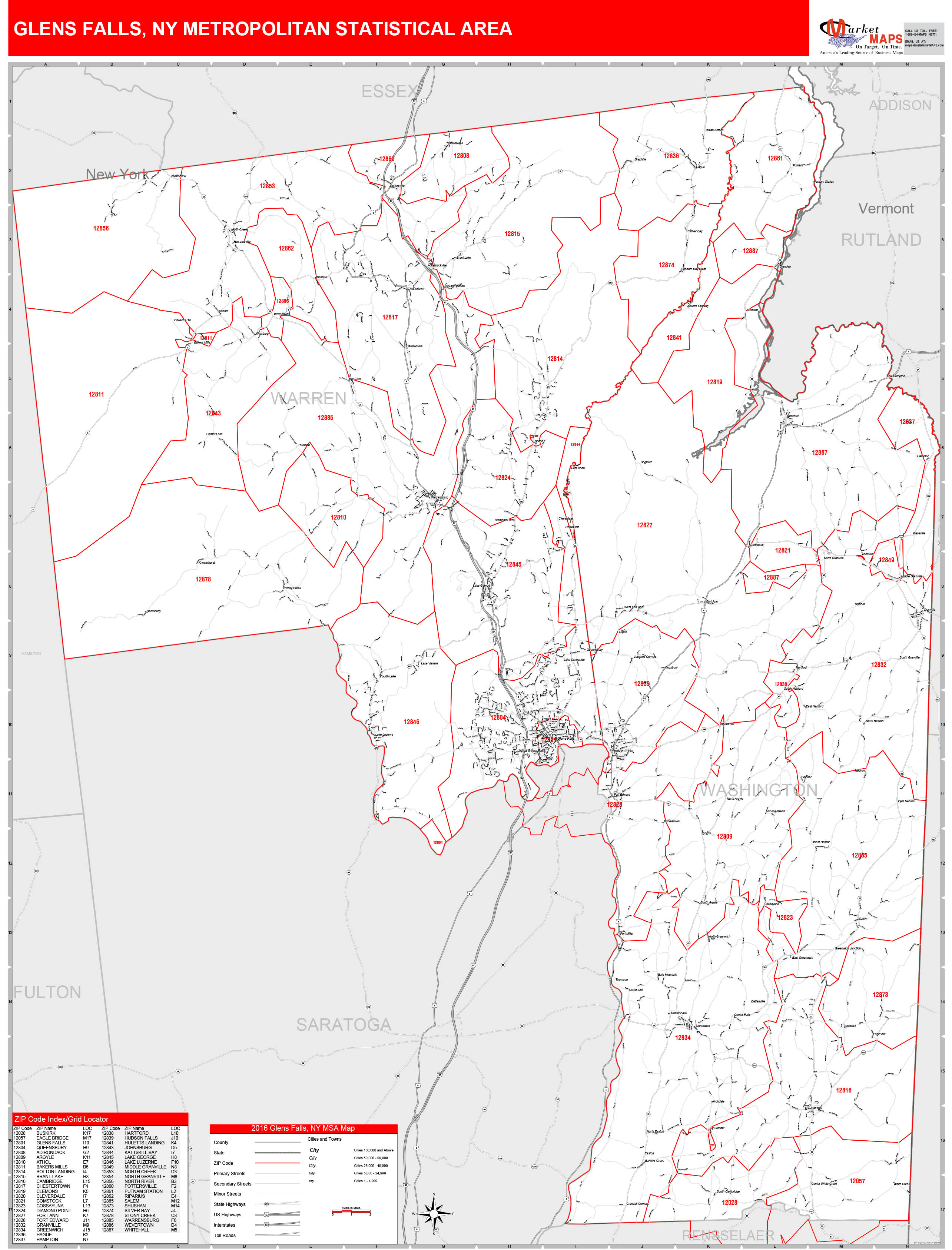 Glens Falls, NY Metro Area Wall Map Red Line Style by MarketMAPS