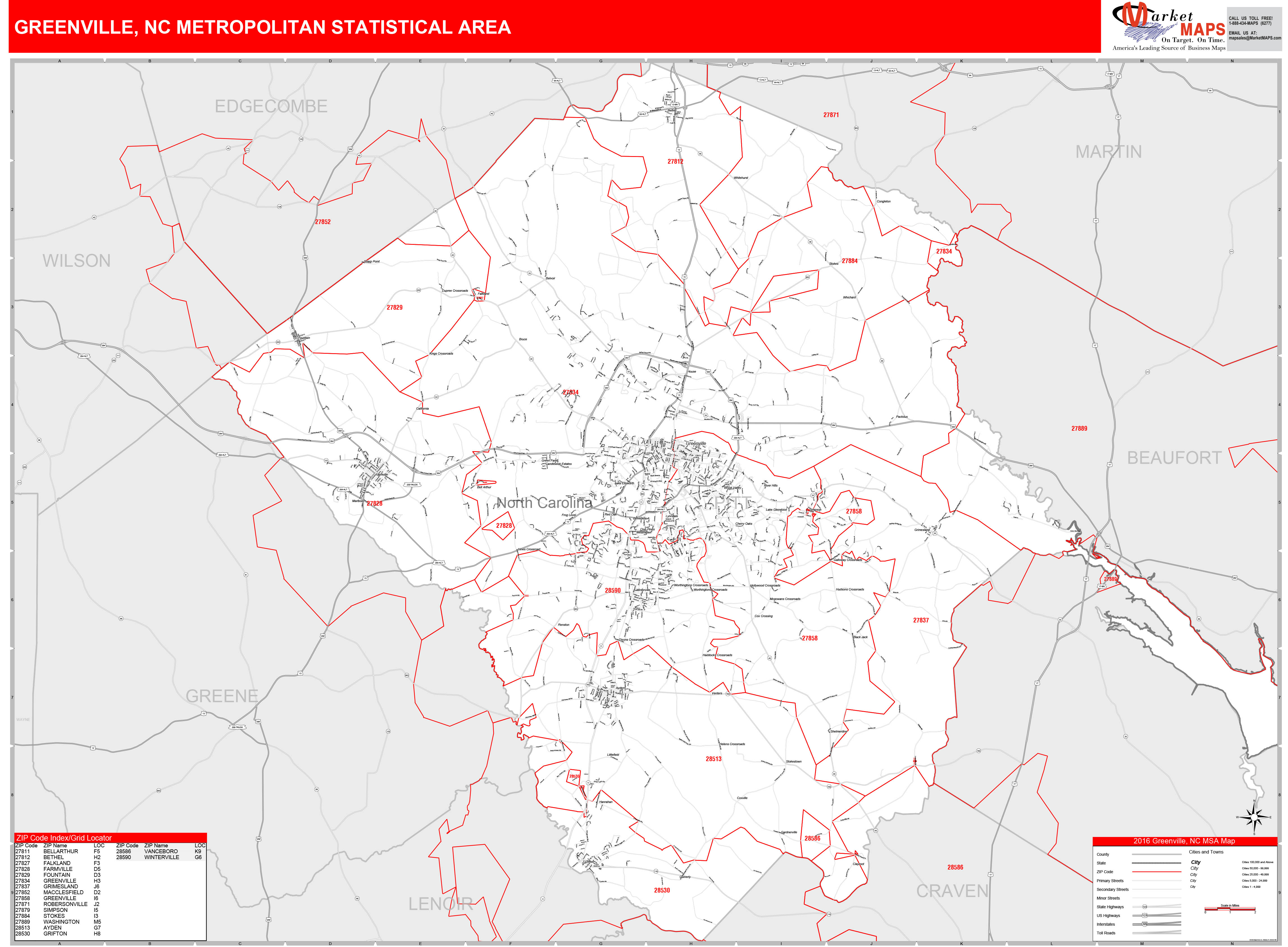 Greenville, NC Metro Area Wall Map Red Line Style by MarketMAPS