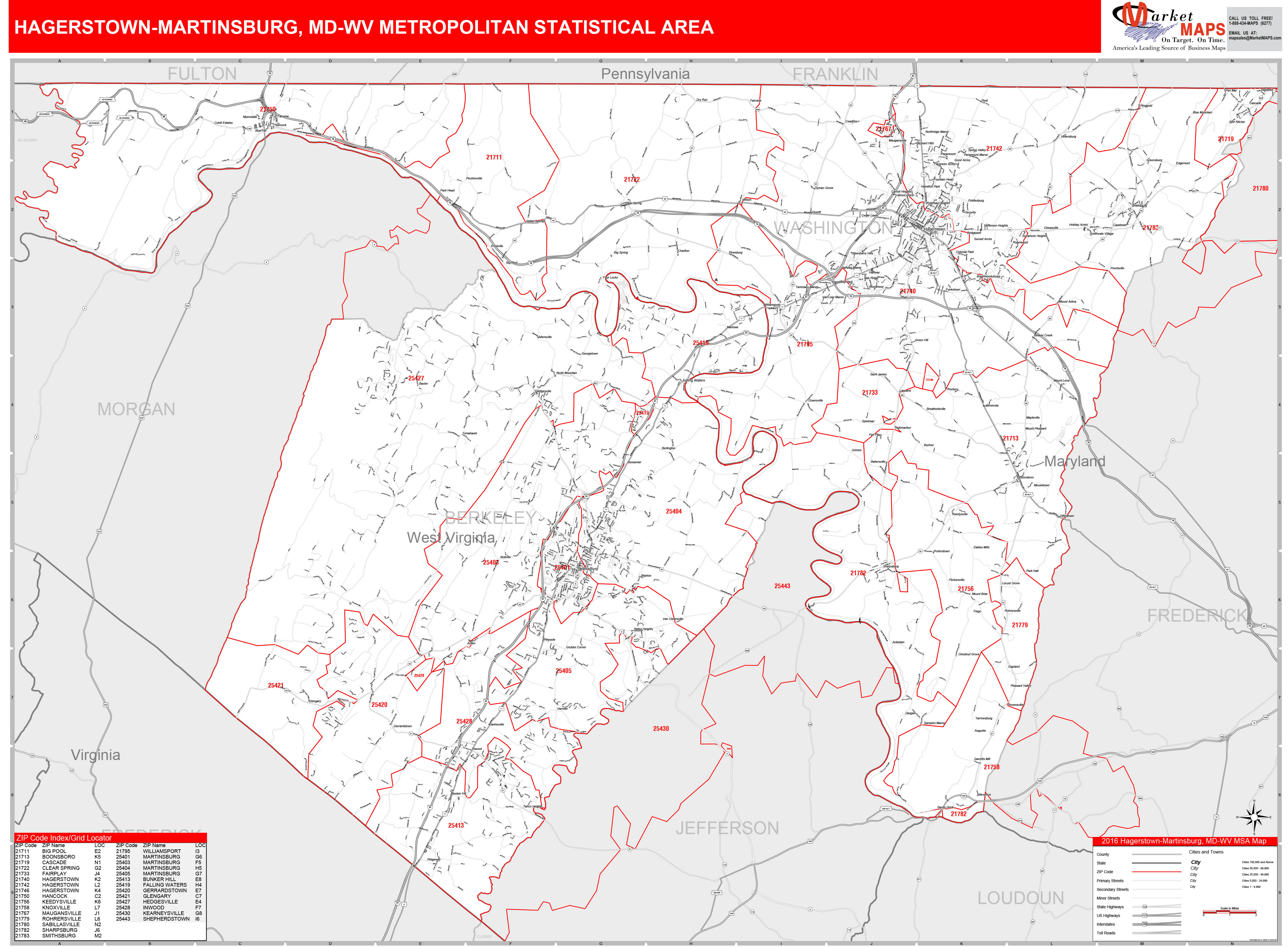HagerstownMartinsburg, MD Metro Area Wall Map Red Line Style by MarketMAPS