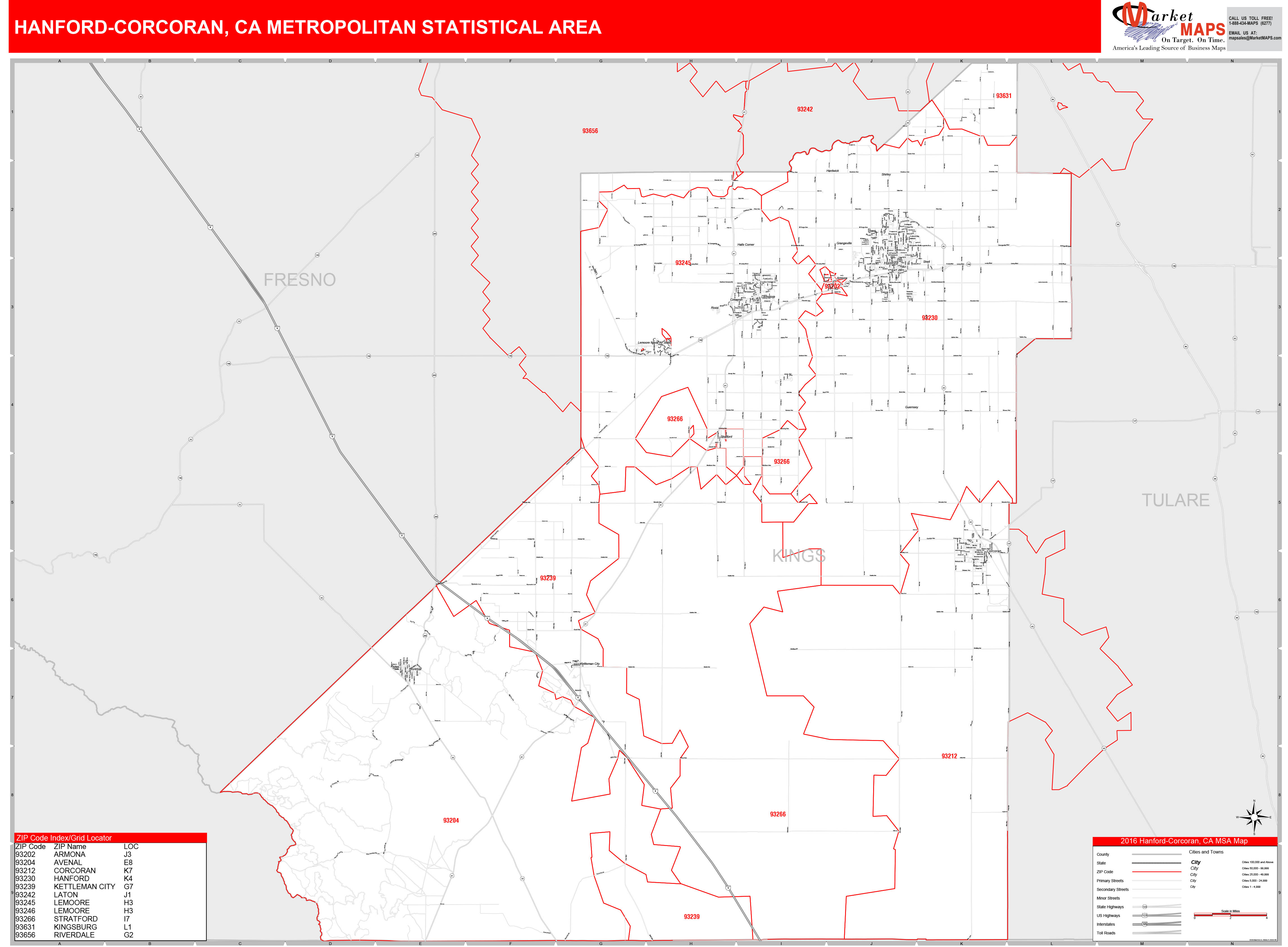 HanfordCorcoran, CA Metro Area Wall Map Red Line Style by MarketMAPS