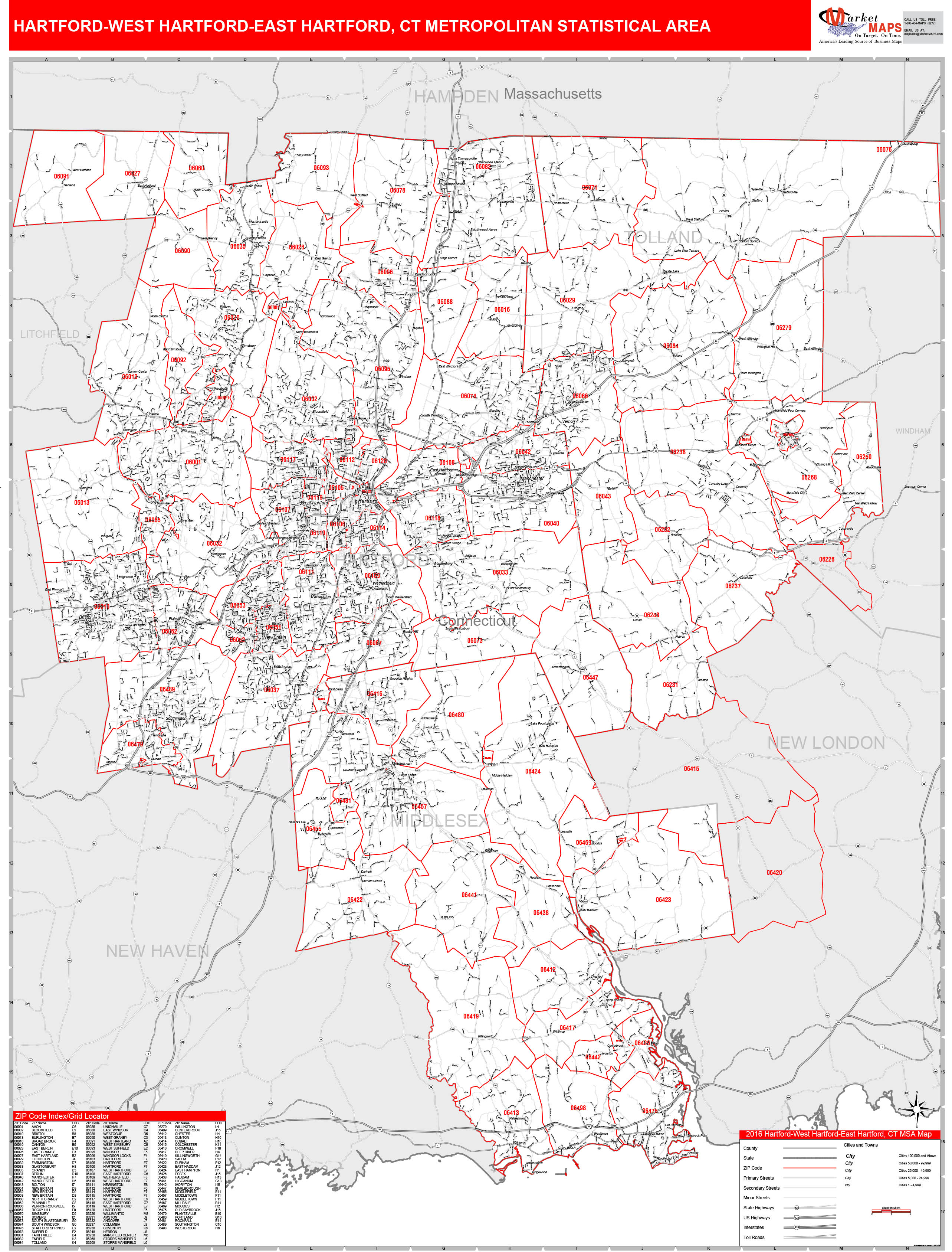 HartfordWest HartfordEast Hartford, CT Metro Area Wall Map Red Line
