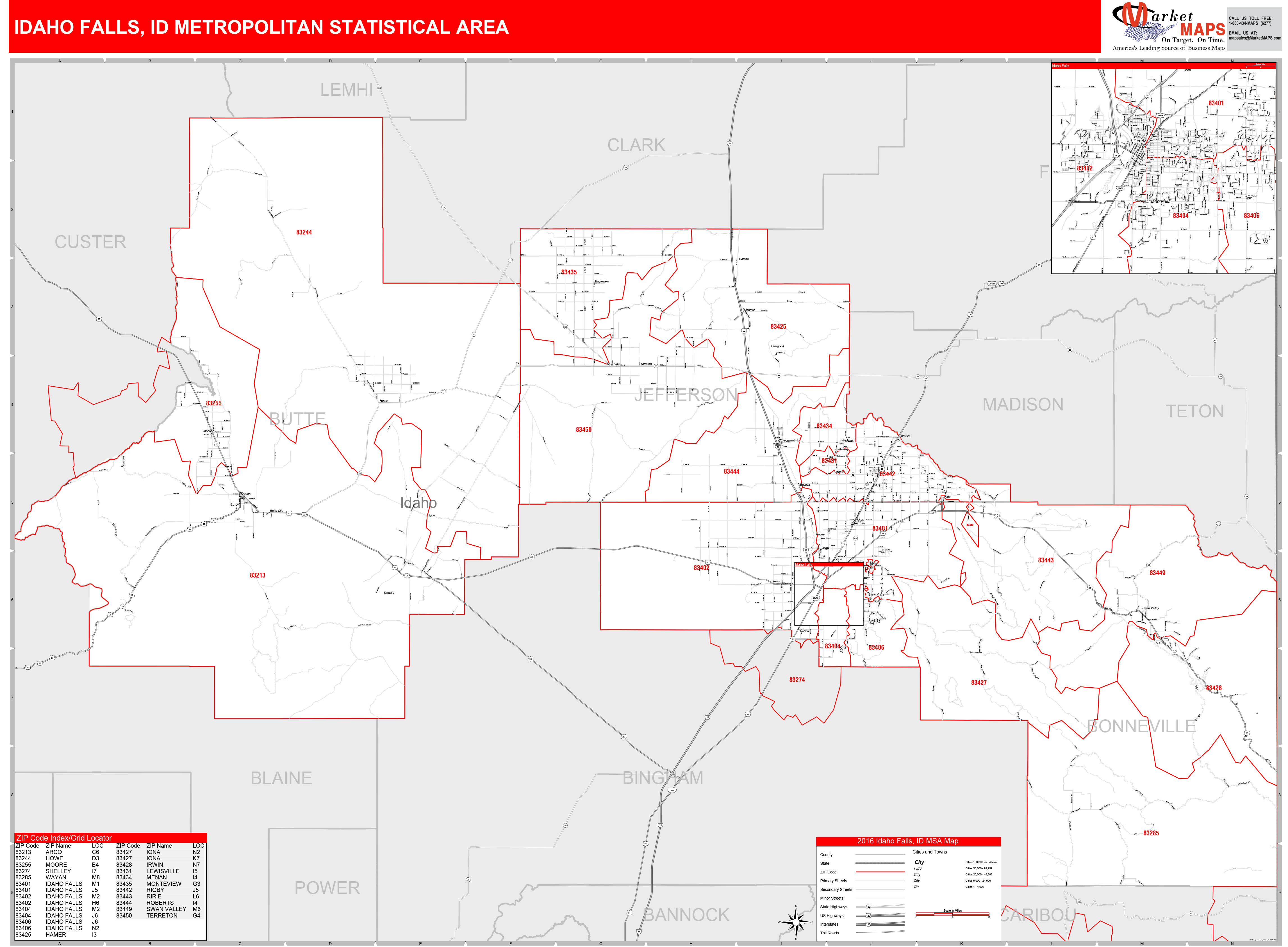 Idaho Falls, ID Metro Area Wall Map Red Line Style by MarketMAPS
