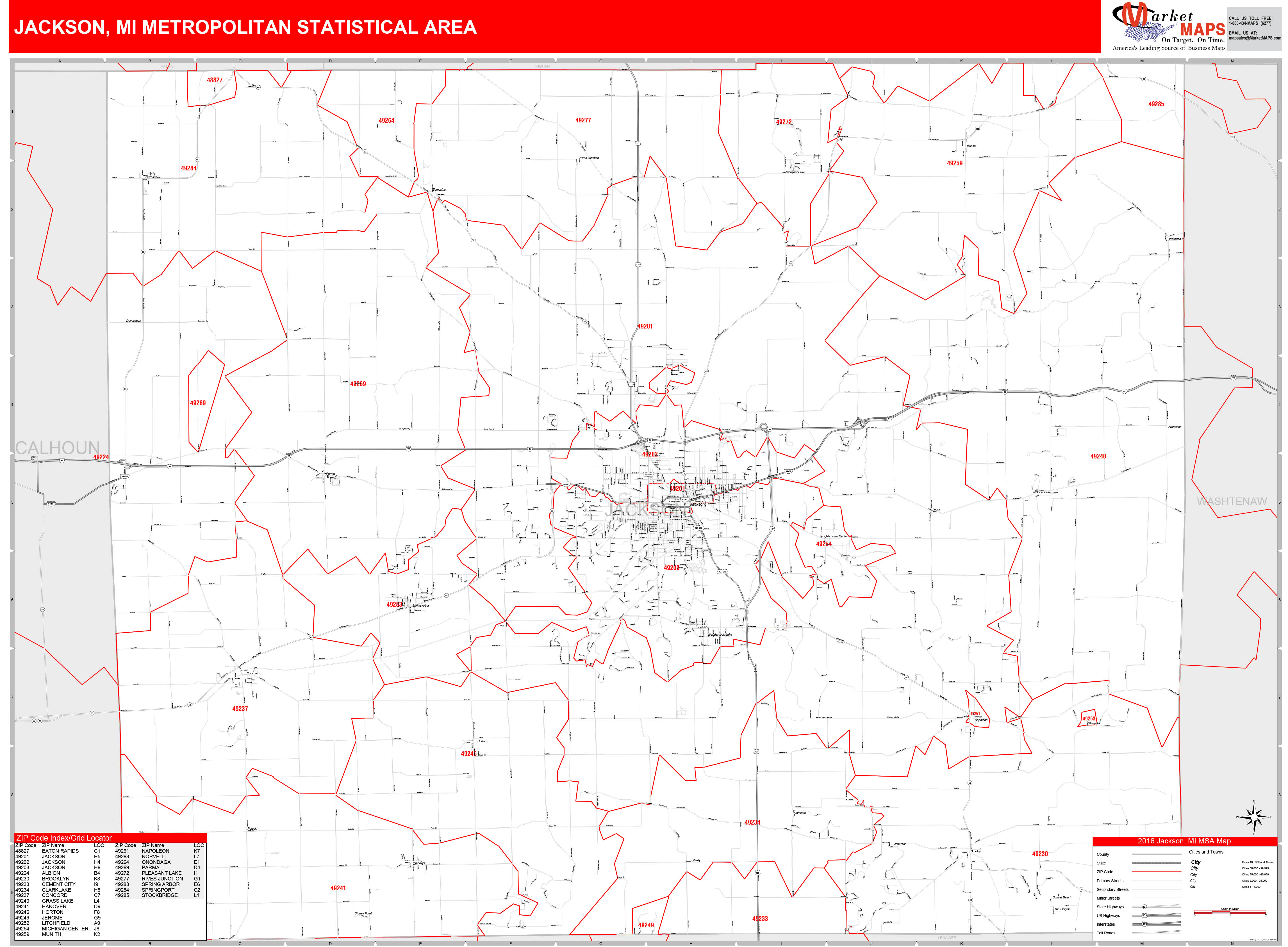Jackson, MI Metro Area Wall Map Red Line Style by MarketMAPS MapSales