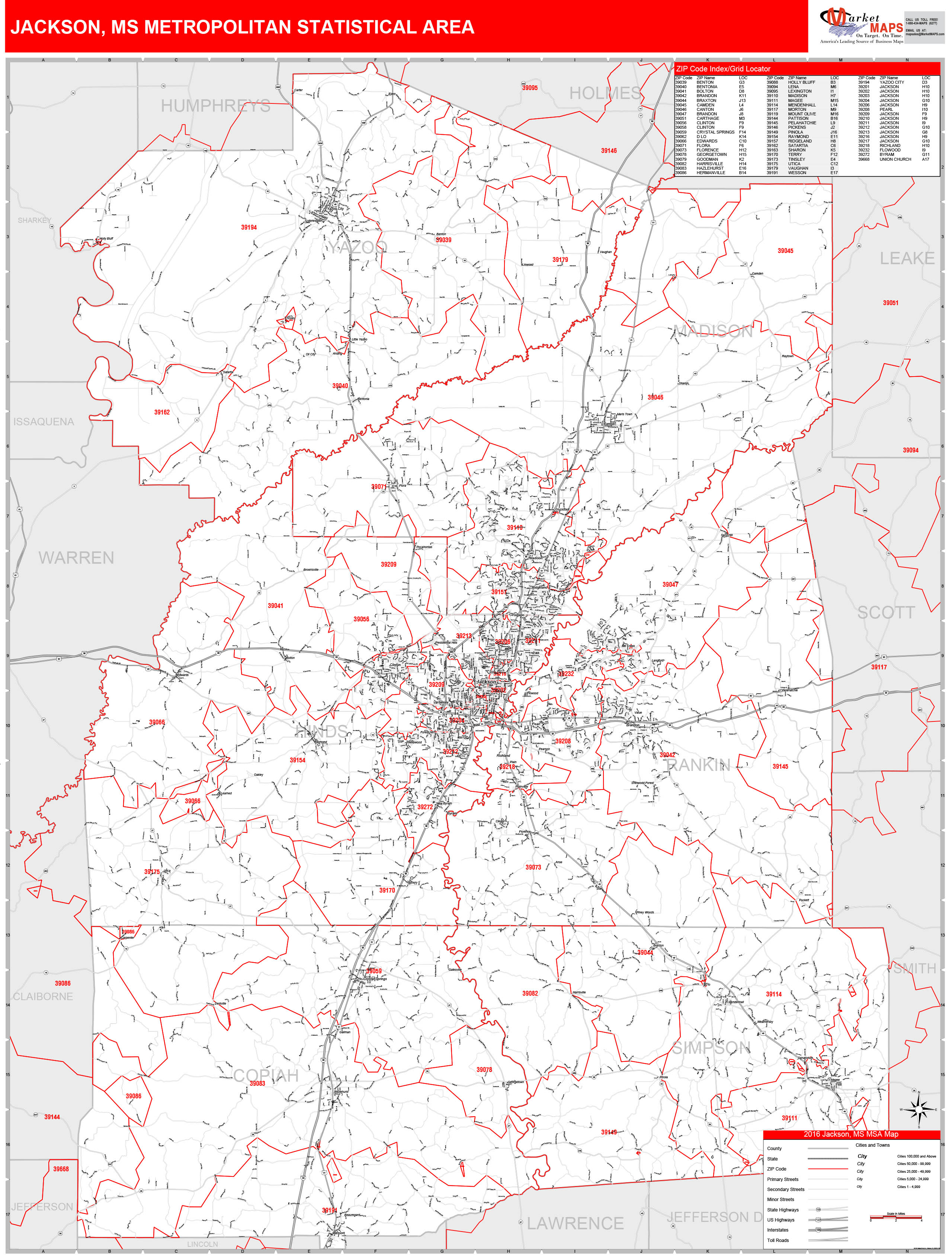 Jackson, MS Metro Area Wall Map Red Line Style by MarketMAPS MapSales